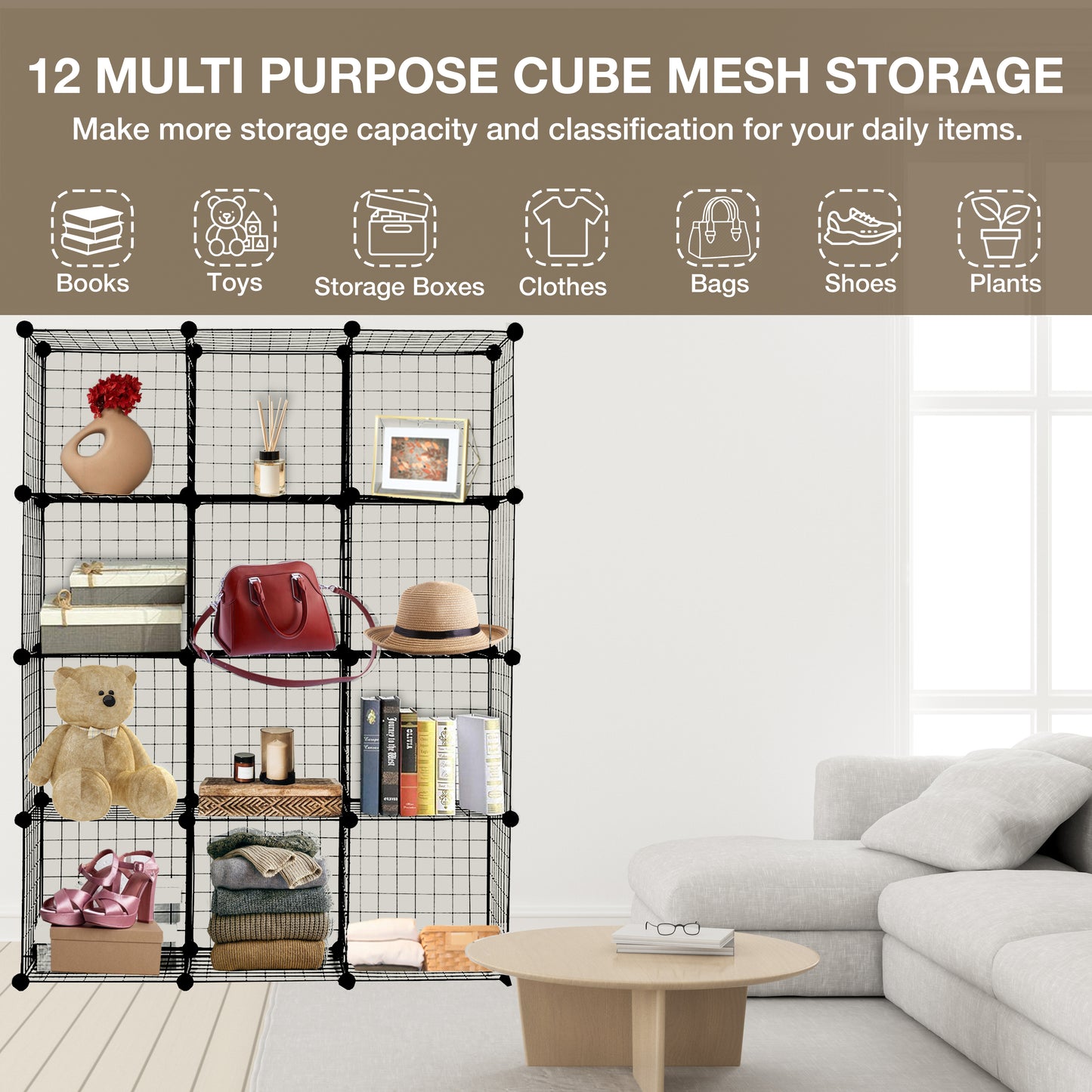 Knight 12 Cube Interlocking Storage Rack with Metal Wire Mesh Shelves Multifunctional Wire Fence Display Stand Unit Cabinet Large Capacity Free Rubber Mallet 123 x 93 x 31 cm Black