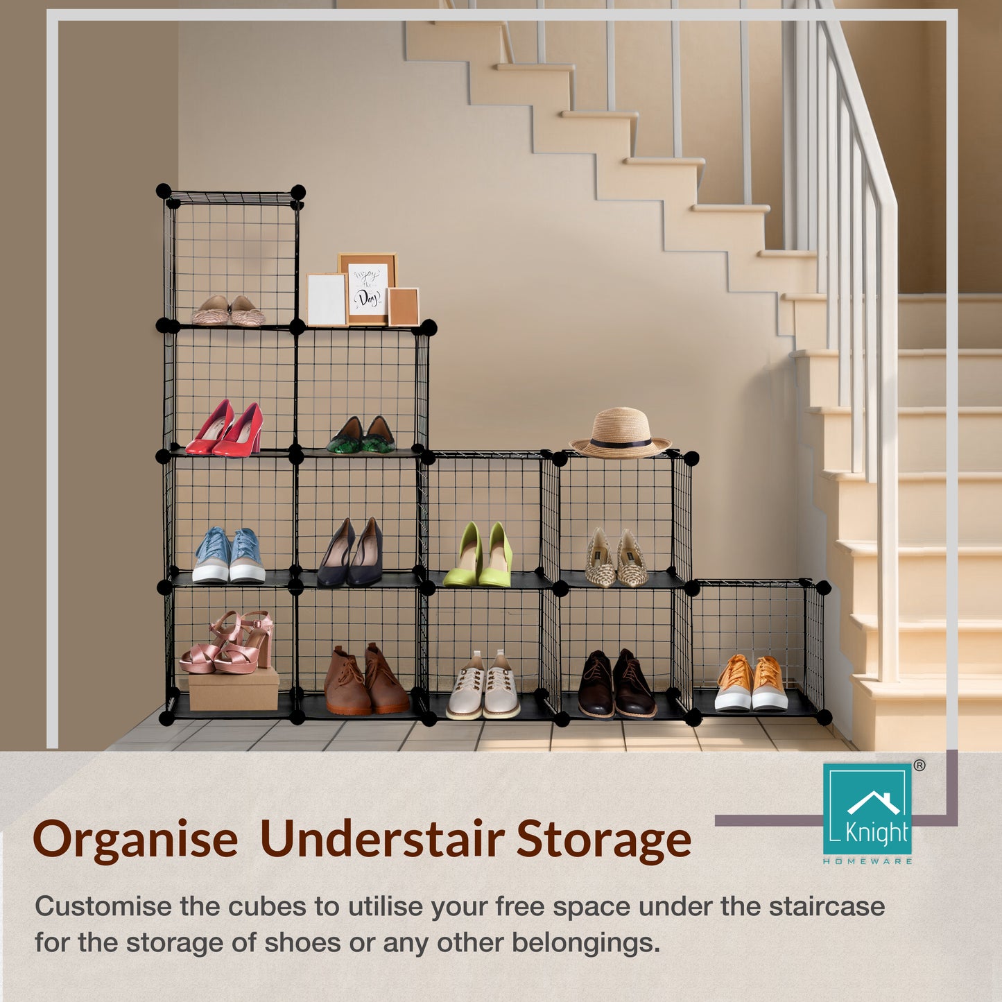 Knight 12 Cube Interlocking Storage Rack with Metal Wire Mesh Shelves Multifunctional Wire Fence Display Stand Unit Cabinet Large Capacity Free Rubber Mallet 123 x 93 x 31 cm Black