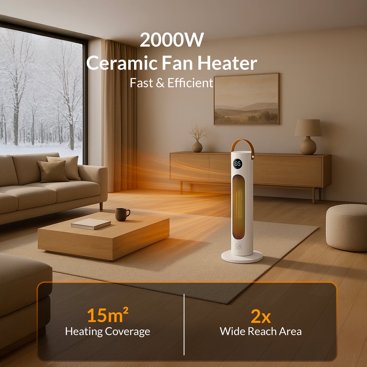 KNIGHT Electric Heater 2000W Portable Ceramic Fan Heater for Home, 80° Oscillating PTC Tower Heater with Remote, Instant Heating in 3 Seconds for Large Room, Touch Screen Control & Leather Handle