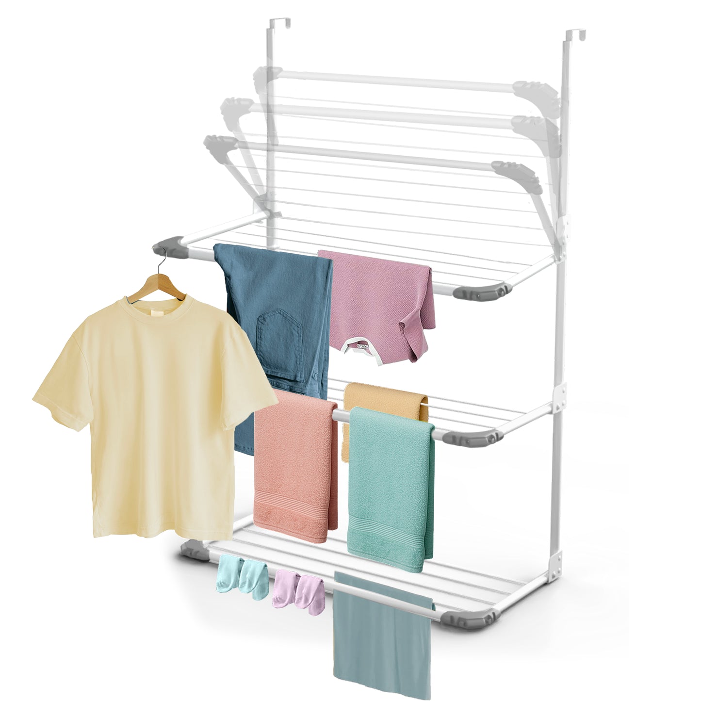 Knight 3-Tier Over The Door Clothes Airer | Foldable Clothes Rail with Corner Spaces for Hangers | Sturdy Hanging Washing Laundry Airer | Indoor Clothes Drying Rack for Small Spaces (White)