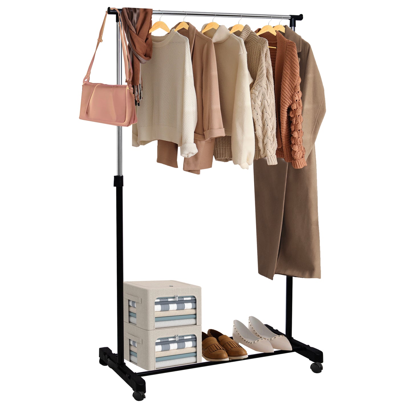 Knight Heavy Duty Chrome Clothes Rail | Sturdy Metal Garment Rack with Hanging Rail & Shelf Storage | Portable Clothing Rack on Wheels for Bedroom, Office & Shops | No-Tools Required(Single)