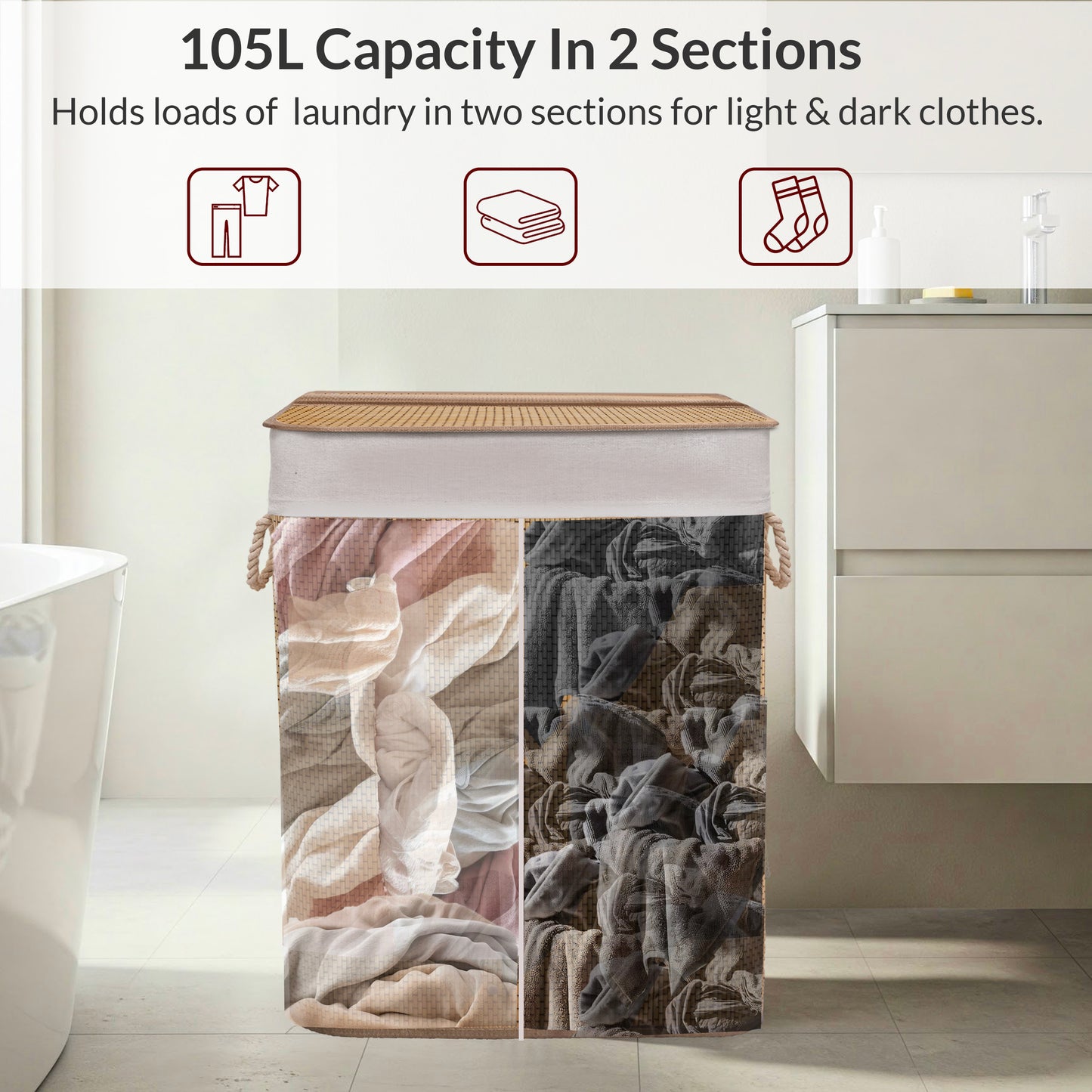 KNIGHT Bamboo Laundry Basket, 105L Laundry Hamper with Removable Washable Lining, Easy Assemble Easy Folding Storage Bin 40x18x60 cm (Micro weave- Natural)