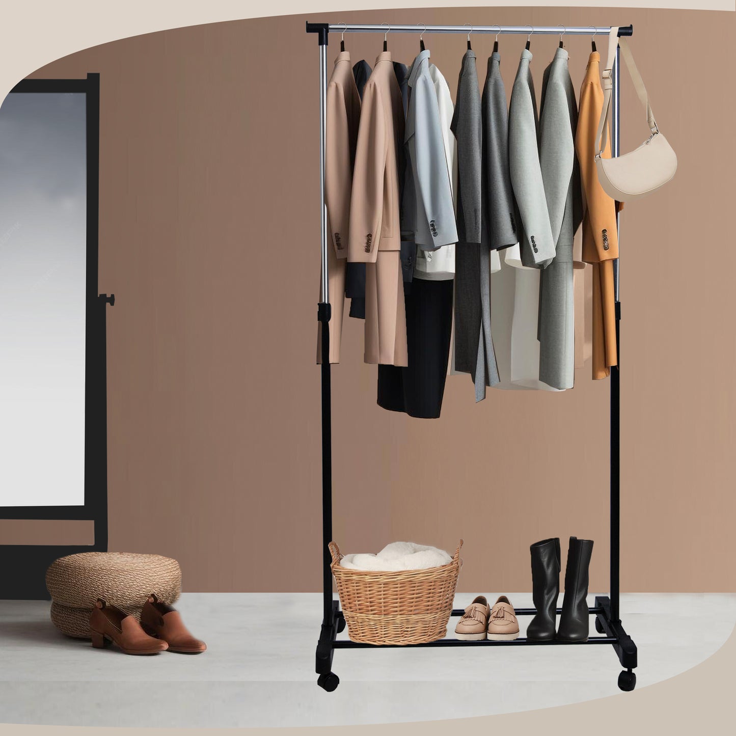 Knight Heavy Duty Chrome Clothes Rail | Sturdy Metal Garment Rack with Hanging Rail & Shelf Storage | Portable Clothing Rack on Wheels for Bedroom, Office & Shops | No-Tools Required(Single)