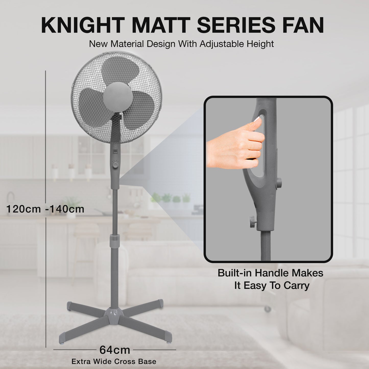 Knight 16" Fan Matt Finish 4 Position Rotary Knob, 3 Speed Setting, Oscillating with Tilting Head, Portable, Low Noise Motor, Ideal for Office & Home