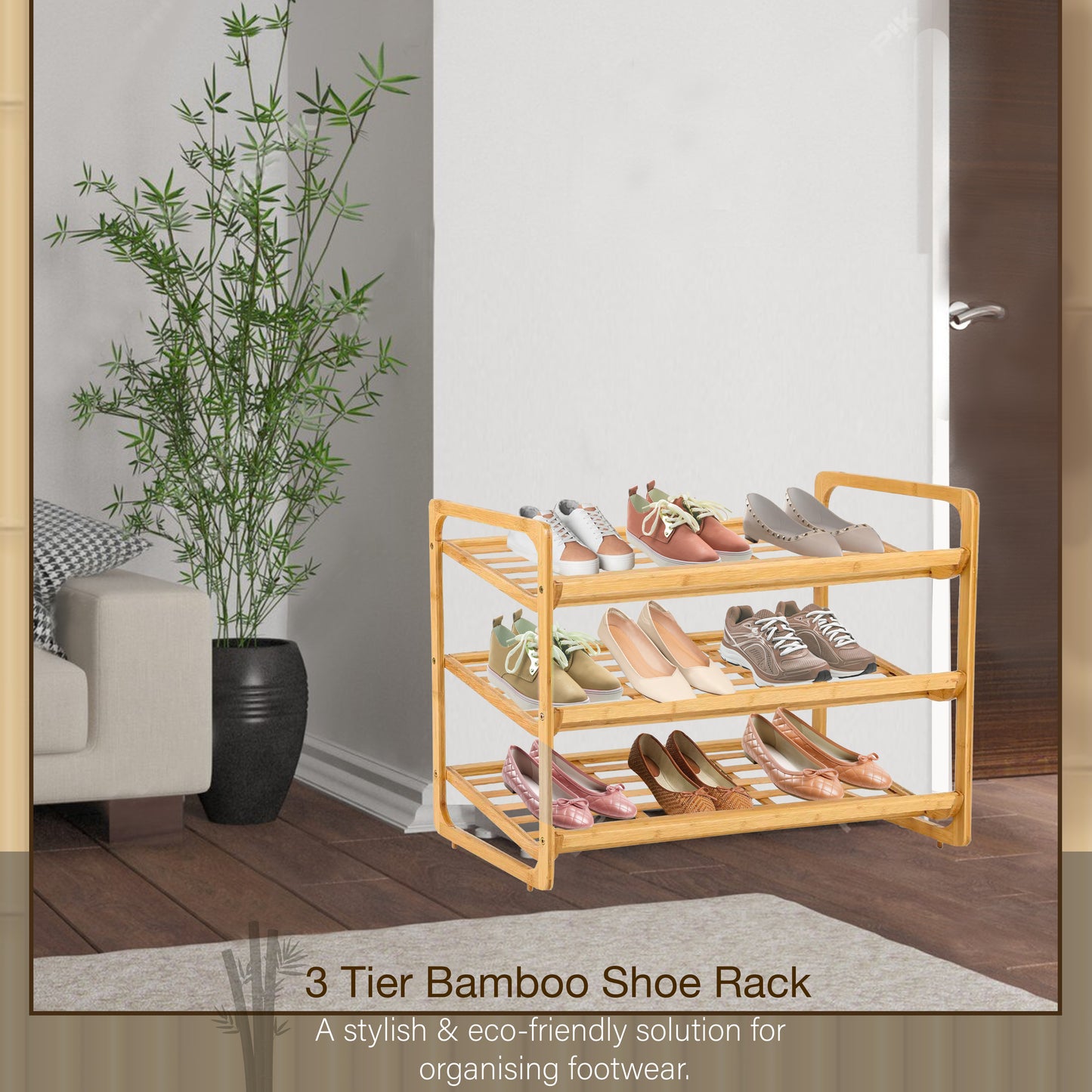 Knight 3-TIER Bamboo Shoe Rack, 100% Natural & Renewable, Super Strong Heavy Duty Durable Wooden Shoe Rack Stand Storage Organiser (L71 x W33 x H51 cm)