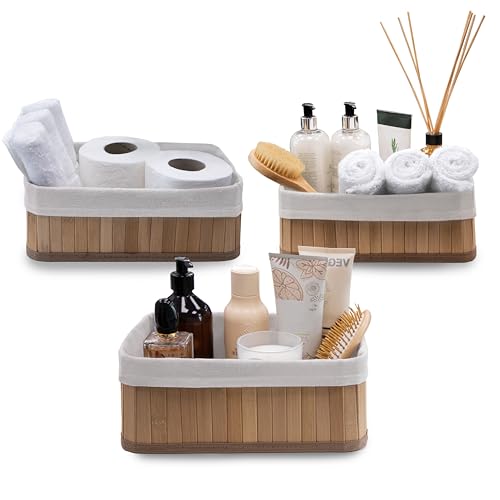 Knight Set of 3 Bamboo Storage Basket, Multi-purpose Bamboo Storage Shelving Organiser, Removable Washabe Inner cloth, For Kitchen, Rooms, Shelves, Bathroom, Natural