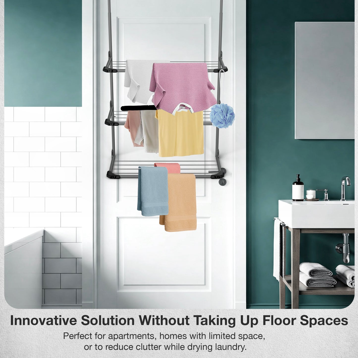 Knight 3-Tier Over The Door Clothes Airer | Foldable Clothes Rail with Corner Spaces for Hangers | Sturdy Hanging Washing Laundry Airer | Indoor Clothes Drying Rack for Small Spaces (Grey)