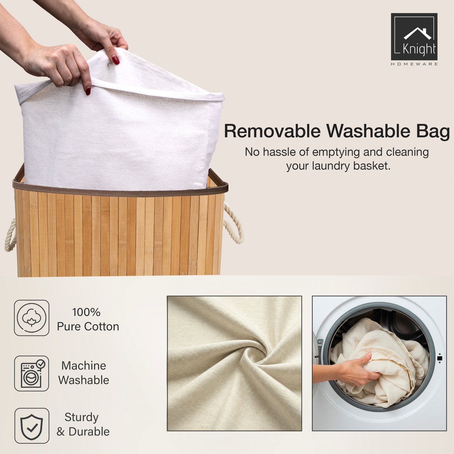 KNIGHT Bamboo Laundry Basket, 56L Laundry Hamper with Removable Washable Lining, Easy Assemble Easy Folding Storage Bin 40x18x60 cm ( Natural)