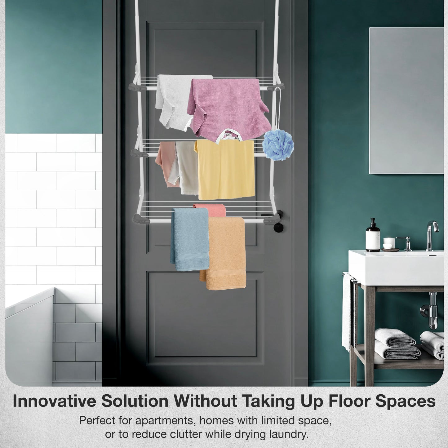 Knight 3-Tier Over The Door Clothes Airer | Foldable Clothes Rail with Corner Spaces for Hangers | Sturdy Hanging Washing Laundry Airer | Indoor Clothes Drying Rack for Small Spaces (White)