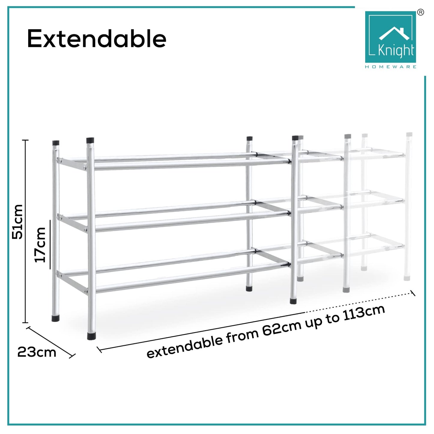 Knight 3 Tier Extendable Shoe Rack | Adjustable Shelving unit Shoe Storage Holds 18 Pairs of Shoes | Stackable Shoe Organiser | Chrome Finish | 112(L) x 23(W) x 52(H) (3 Tier)