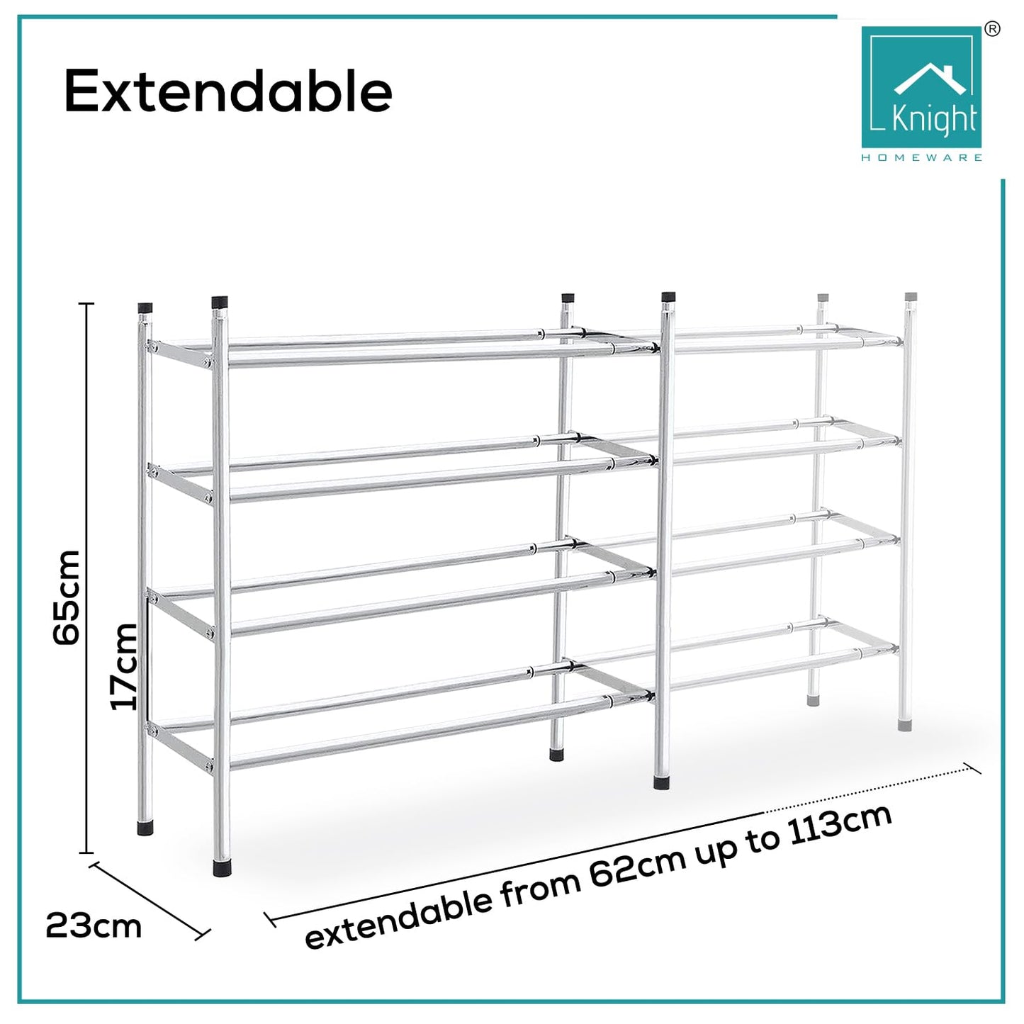 Knight 3 Tier Extendable Shoe Rack | Adjustable Shelving unit Shoe Storage Holds 18 Pairs of Shoes | Stackable Shoe Organiser | Chrome Finish | 112(L) x 23(W) x 52(H) (3 Tier)