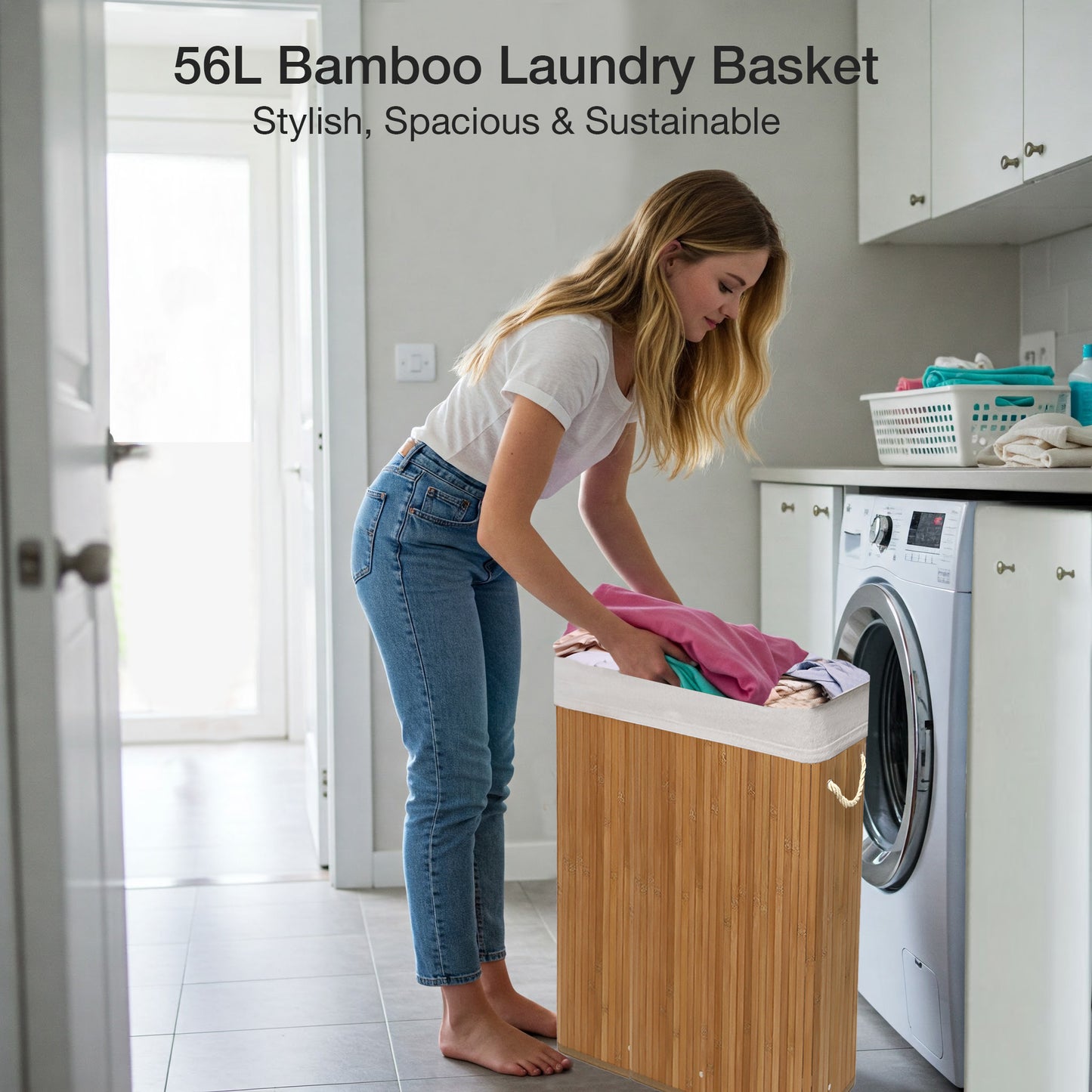 KNIGHT Bamboo Laundry Basket, 56L Laundry Hamper with Removable Washable Lining, Easy Assemble Easy Folding Storage Bin 40x18x60 cm ( Natural)