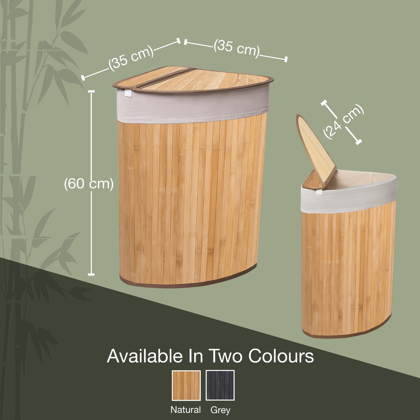 KNIGHT 57L Bamboo Corner Laundry Hamper - Swing Lid, Removable & Washable Lining, Easy to Assemble & Foldable Storage Bin,35x35x60