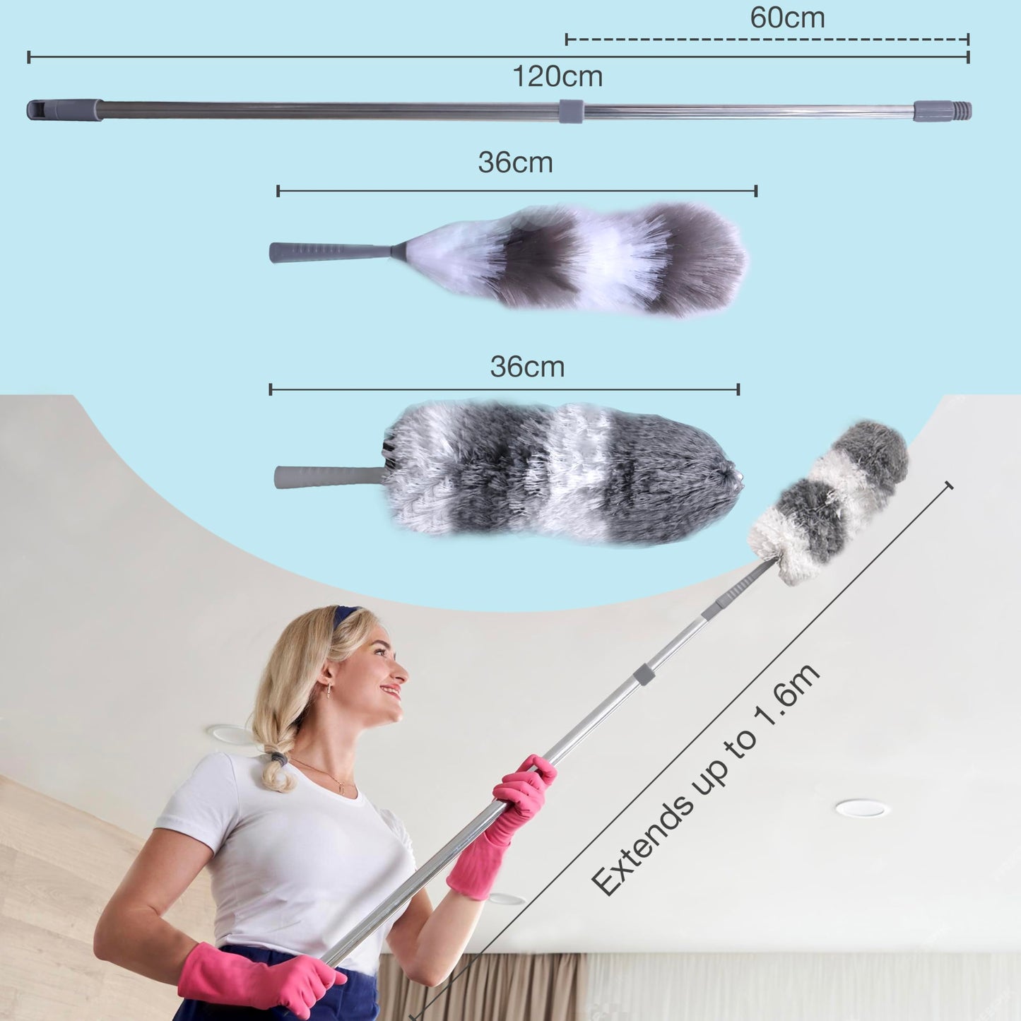 Knight Telescopic Extendable Feather Duster with 1.6m Stainless Steel Handle | 2 Washable Replacement Heads -Microfiber & Anti-Static | Perfect for High Reach Cleaning, Ceiling Fans, Blinds, Cobwebs.