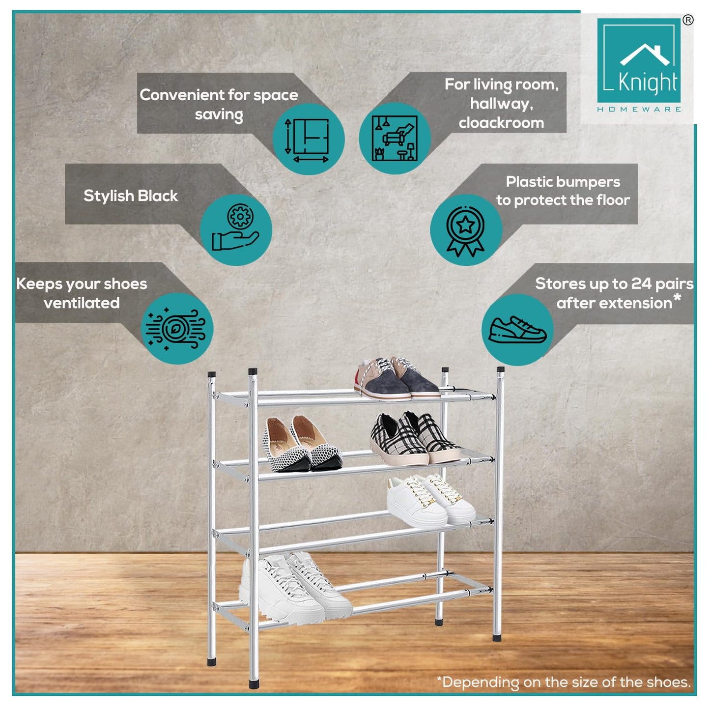 Knight 3 Tier Extendable Shoe Rack | Adjustable Shelving unit Shoe Storage Holds 18 Pairs of Shoes | Stackable Shoe Organiser | Chrome Finish | 112(L) x 23(W) x 52(H) (3 Tier)
