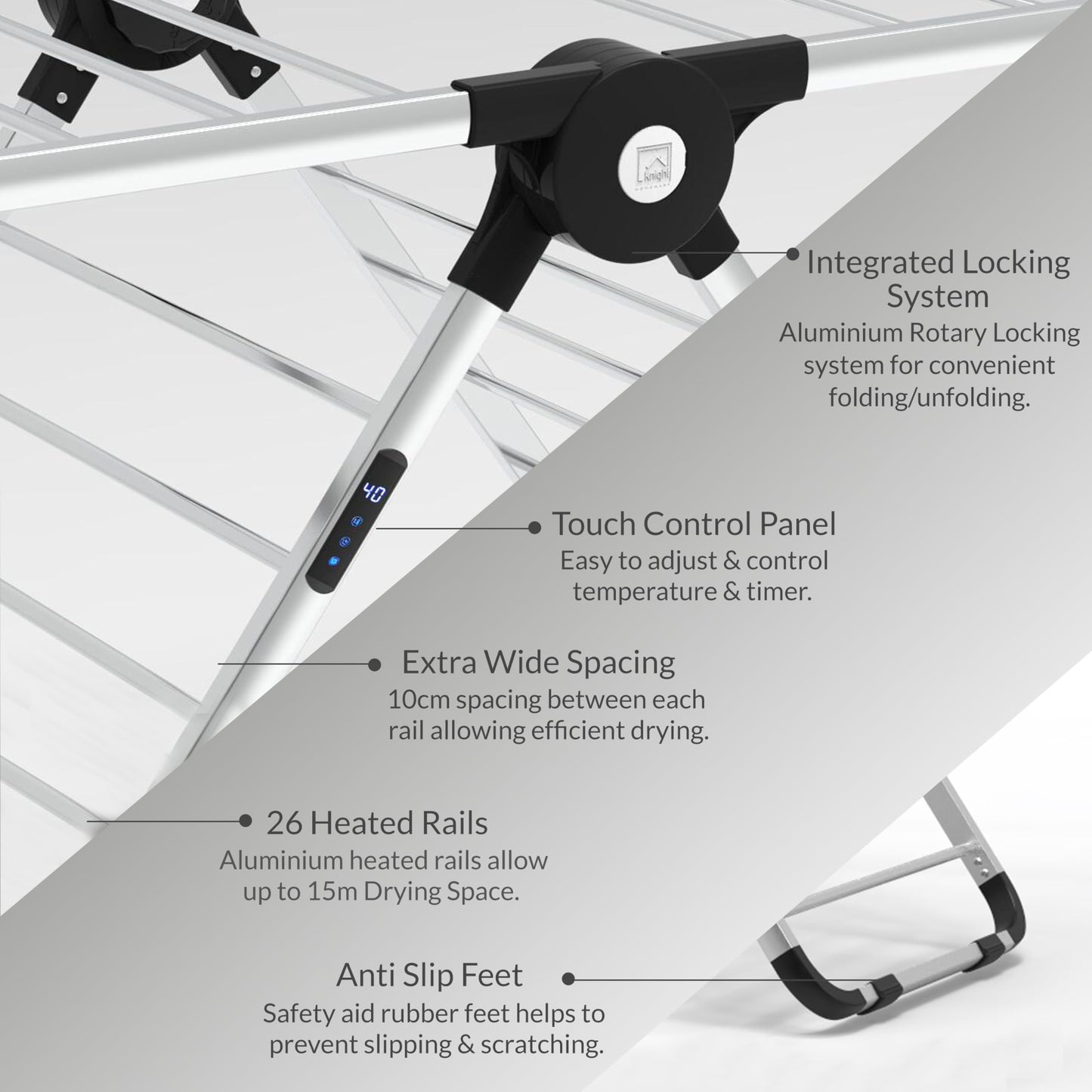 Knight Aero Dry-Series X Heated Clothes Airer, 320W Heated Dryer, 26 Rails, 9H Timer, Fast Electric Drying Rack, Patent Design