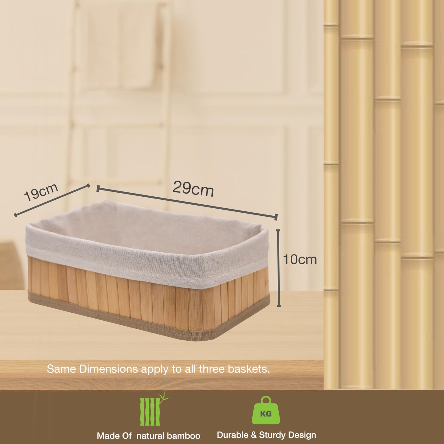 Knight Set of 3 Bamboo Storage Basket, Multi-purpose Bamboo Storage Shelving Organiser, Removable Washabe Inner cloth, For Kitchen, Rooms, Shelves, Bathroom, Natural