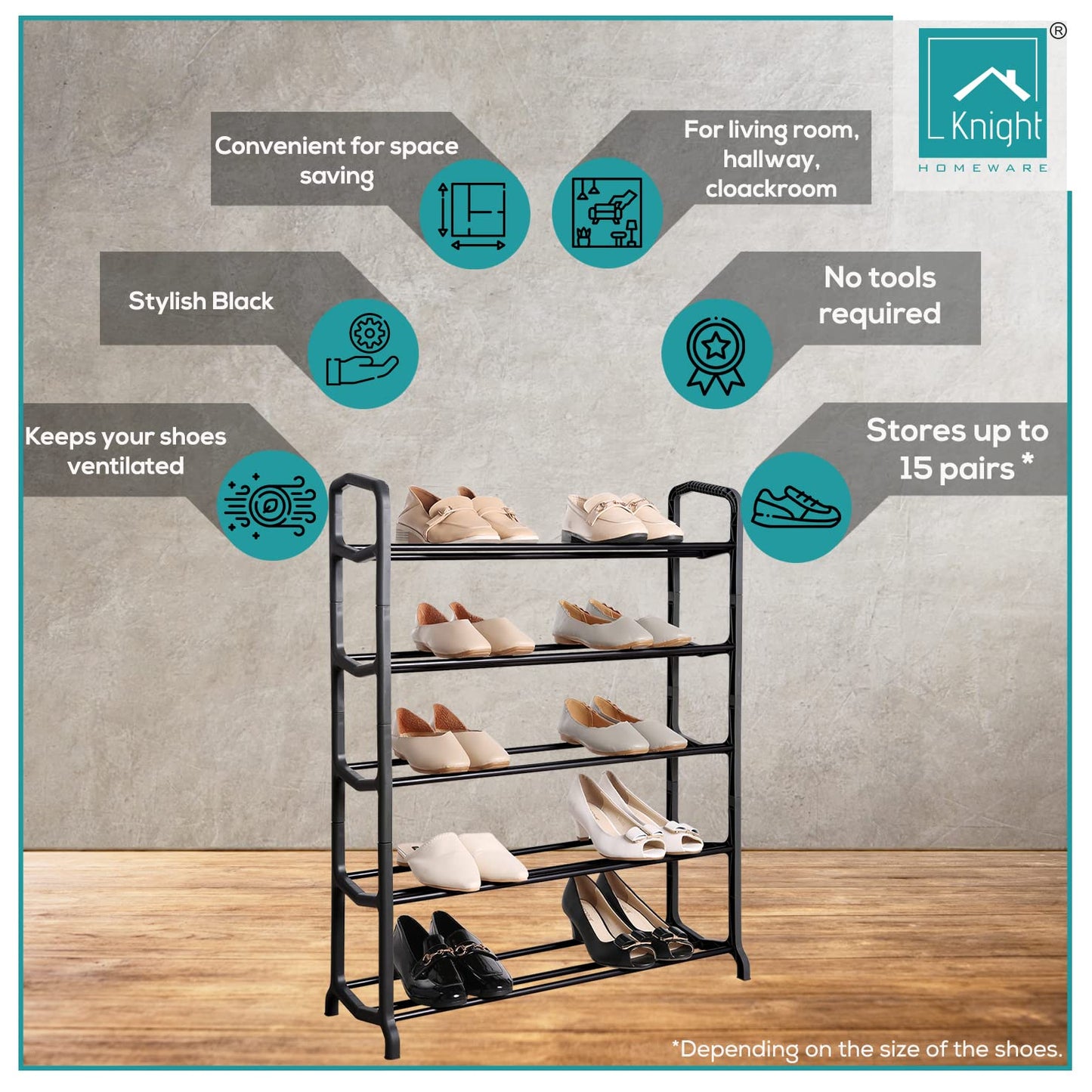 Knight 5 Tier Space Matt Colour Shoe Rack, For Living Room, Hallway and Cloakroom, Stores between 15 to 20 Pairs of Shoes, Sturdy Design, Space Saving (5 Tier)