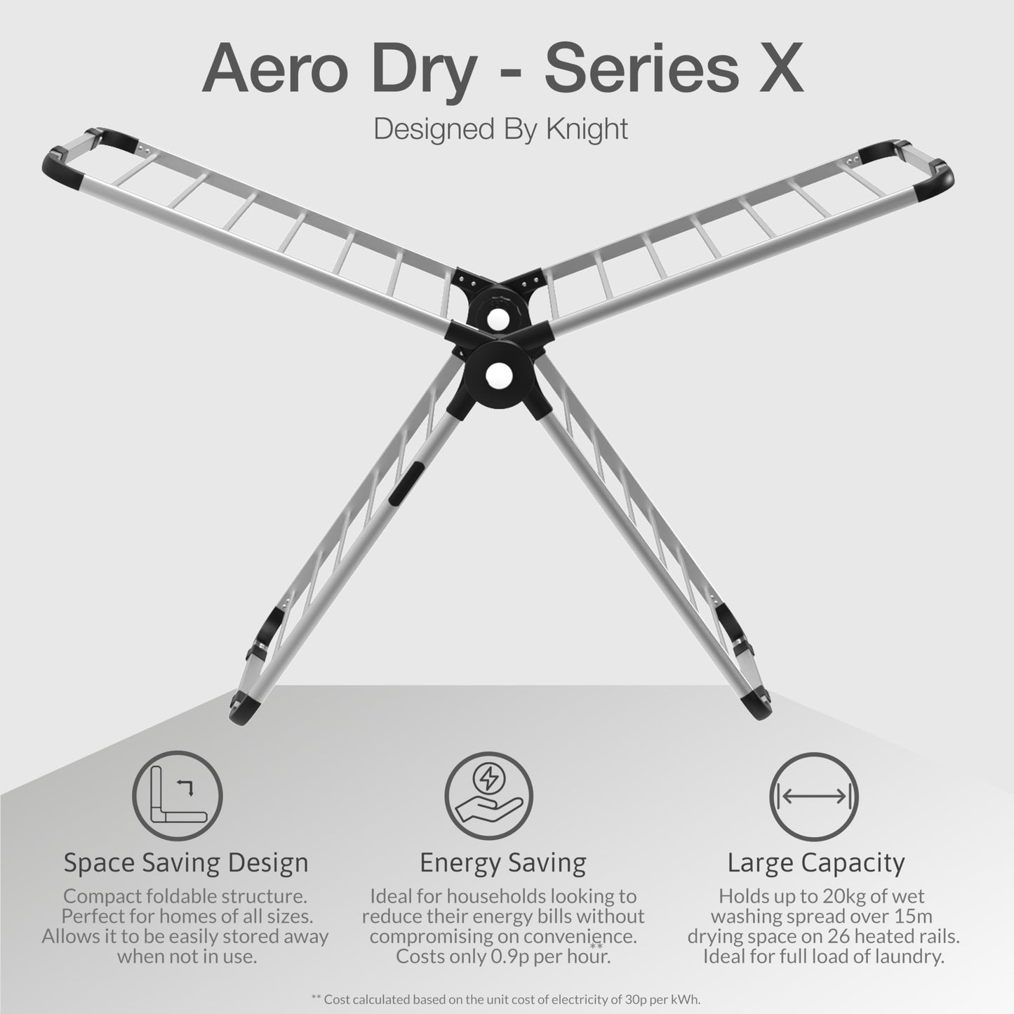 Knight Aero Dry-Series X Heated Clothes Airer, 320W Heated Dryer, 26 Rails, 9H Timer, Fast Electric Drying Rack, Patent Design
