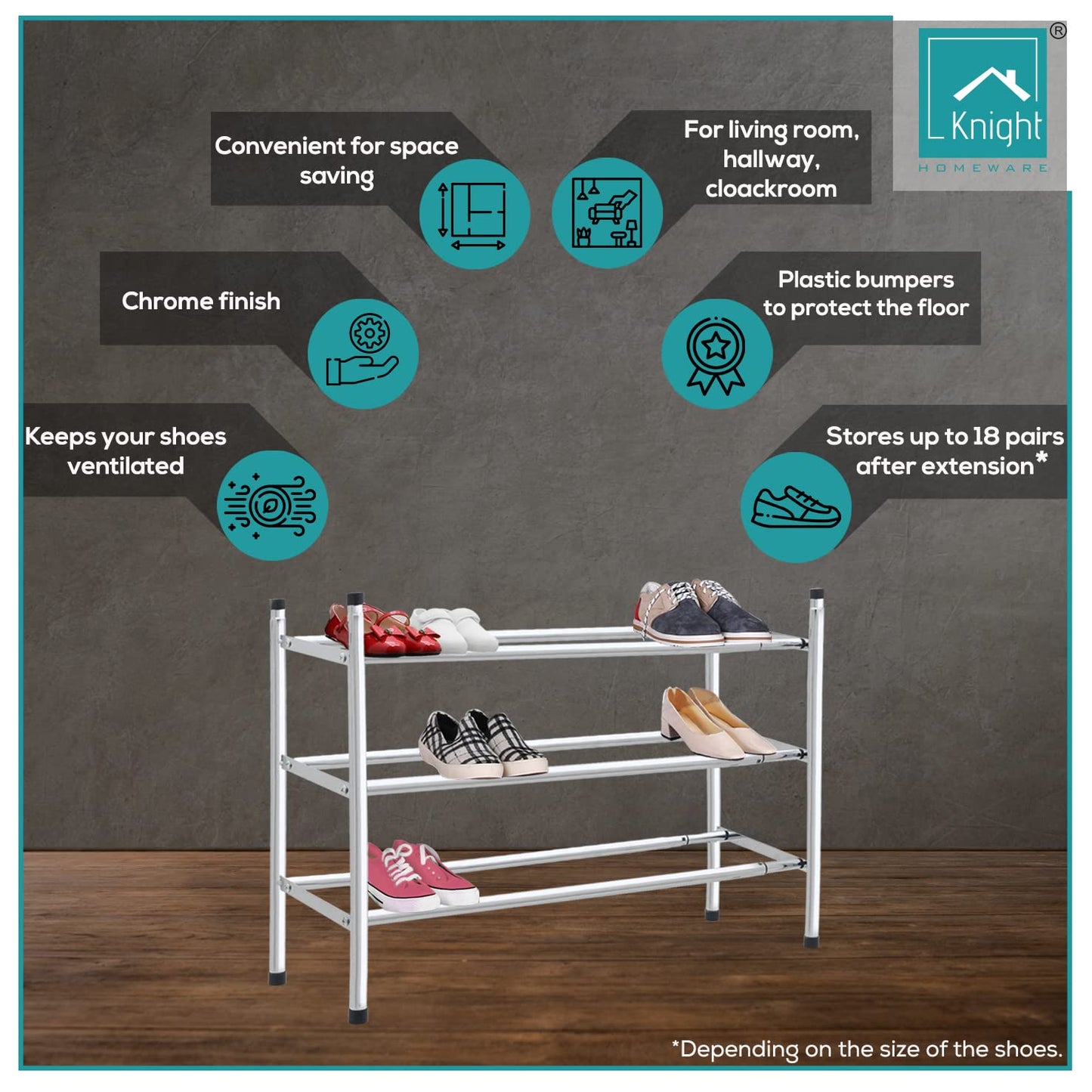 Knight 3 Tier Extendable Shoe Rack | Adjustable Shelving unit Shoe Storage Holds 18 Pairs of Shoes | Stackable Shoe Organiser | Chrome Finish | 112(L) x 23(W) x 52(H) (3 Tier)
