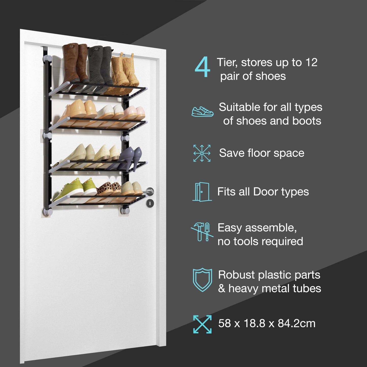 Knight Over The Door Shoe Storage Organiser | 4Tier Hanging Shoe Rack Holds 12 Pairs | Space-Saving Shoe Organiser for Bedroom, Hallway | Foldable Non-Slip Metal(4 Tier)