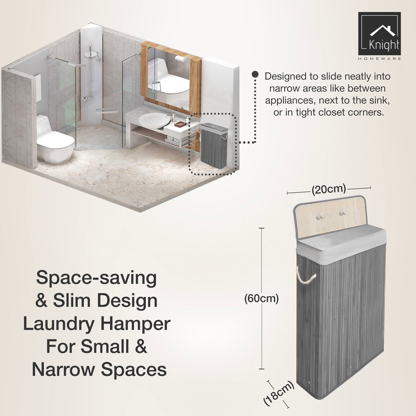KNIGHT Bamboo Laundry Basket, 56L Laundry Hamper with Removable Washable Lining, Easy Assemble Easy Folding Storage Bin 40x18x60 cm (Grey)