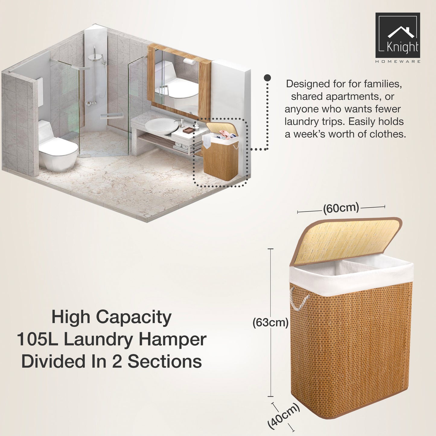 KNIGHT Bamboo Laundry Basket, 105L Laundry Hamper with Removable Washable Lining, Easy Assemble Easy Folding Storage Bin 40x18x60 cm (Micro weave- Natural)