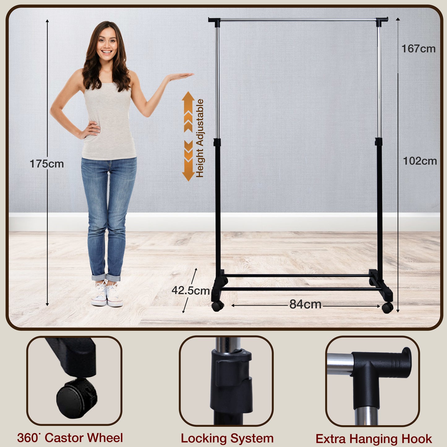 Knight Heavy Duty Chrome Clothes Rail | Sturdy Metal Garment Rack with Hanging Rail & Shelf Storage | Portable Clothing Rack on Wheels for Bedroom, Office & Shops | No-Tools Required(Single)