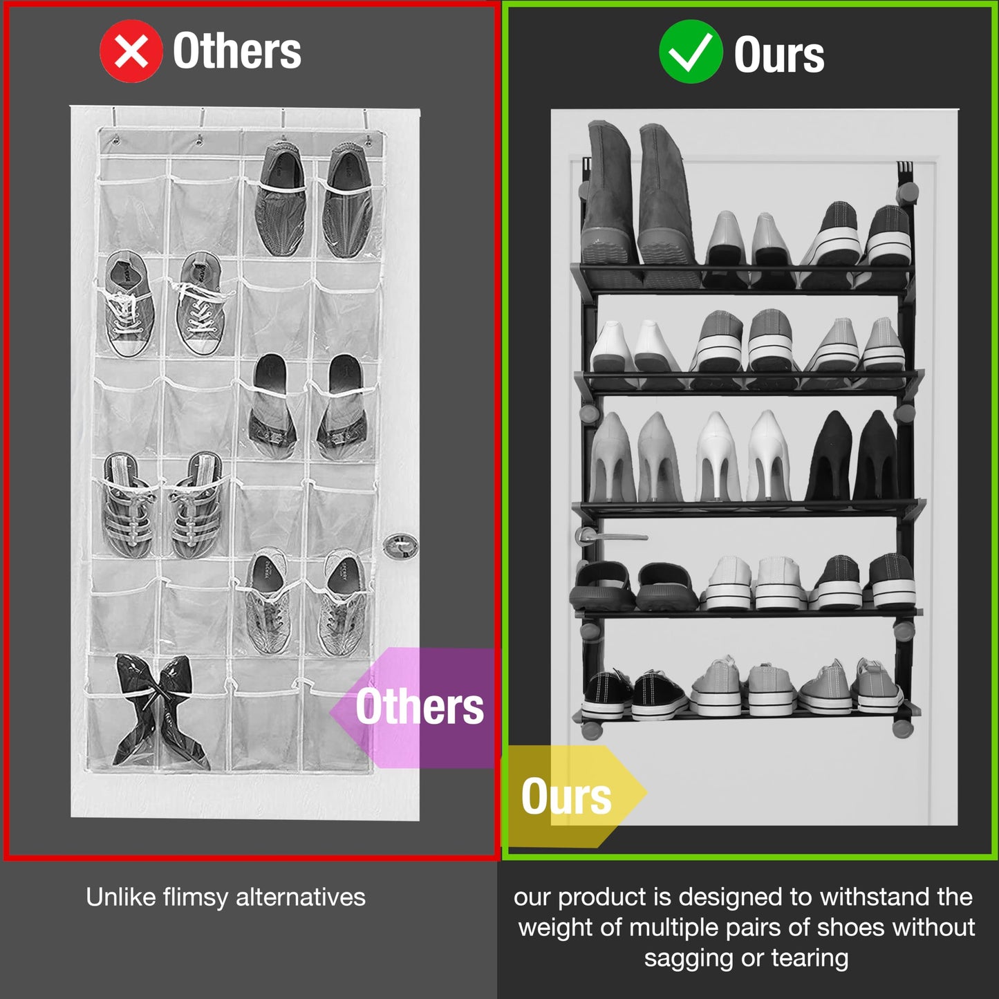 Knight Over The Door Shoe Storage Organiser | 4Tier Hanging Shoe Rack Holds 12 Pairs | Space-Saving Shoe Organiser for Bedroom, Hallway | Foldable Non-Slip Metal(4 Tier)