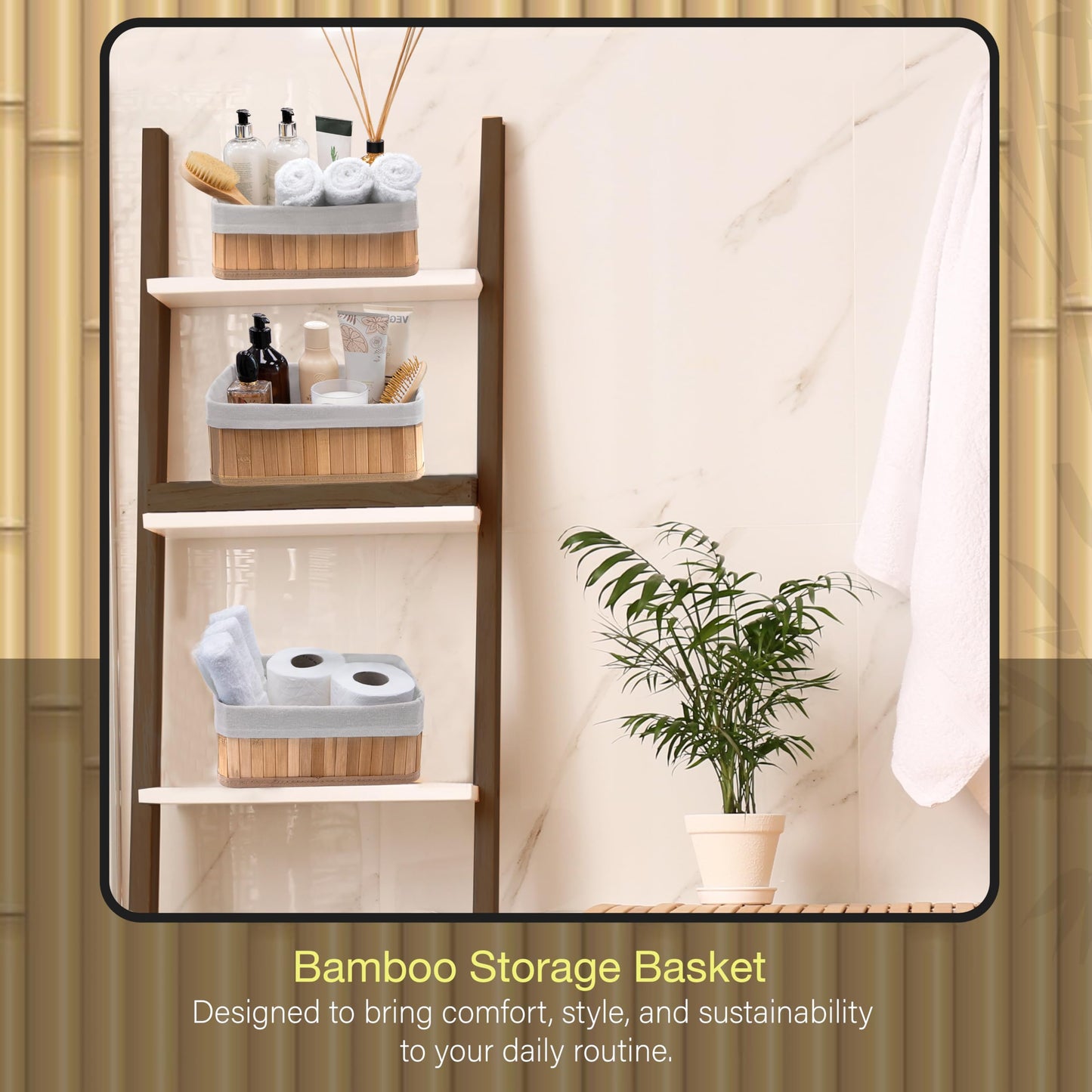 Knight Set of 3 Bamboo Storage Basket, Multi-purpose Bamboo Storage Shelving Organiser, Removable Washabe Inner cloth, For Kitchen, Rooms, Shelves, Bathroom, Natural