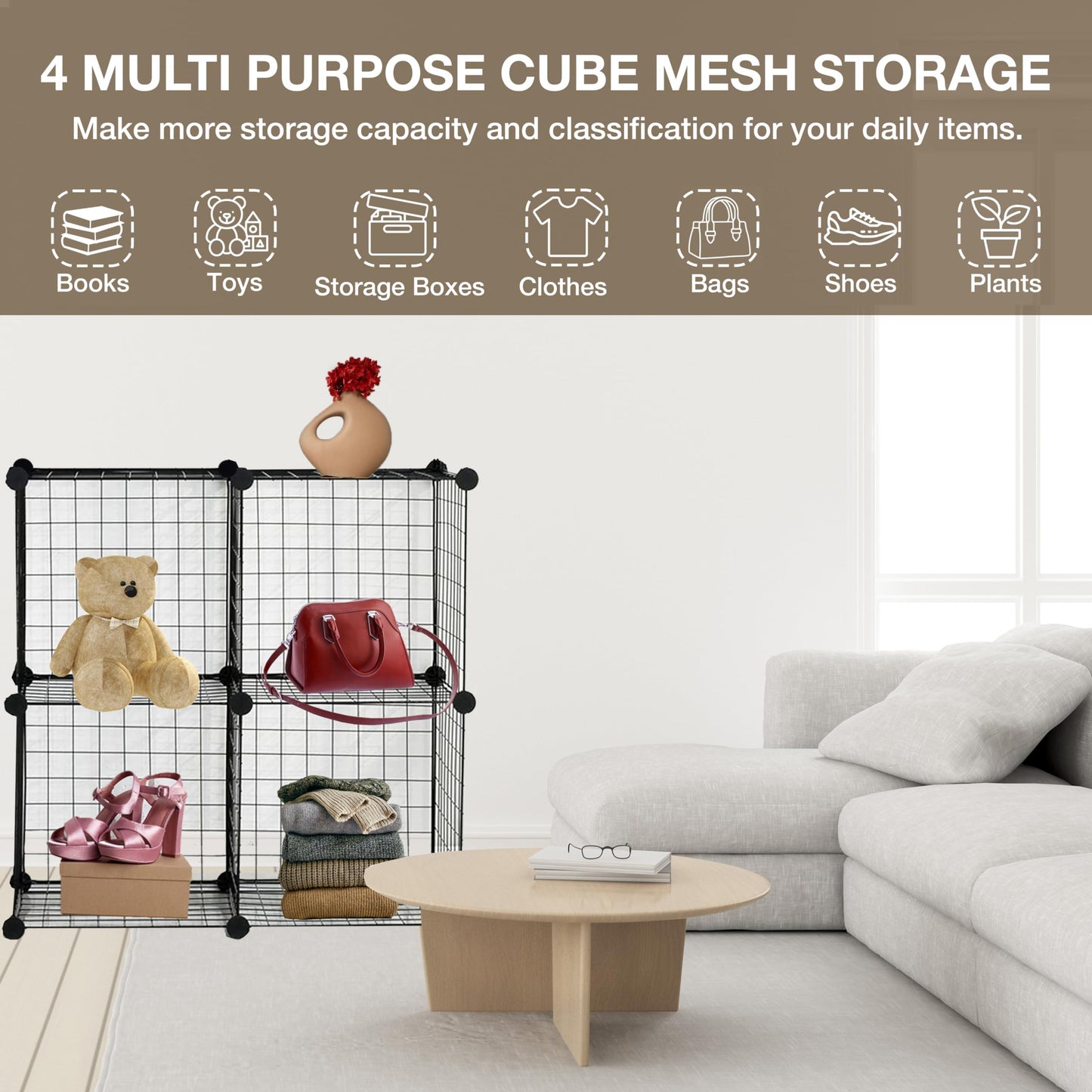 Knight Cube Interlocking Storage Rack with Metal Wire Storage Cube | Shelf Clothe | Cube Bookcase | Corner Storage