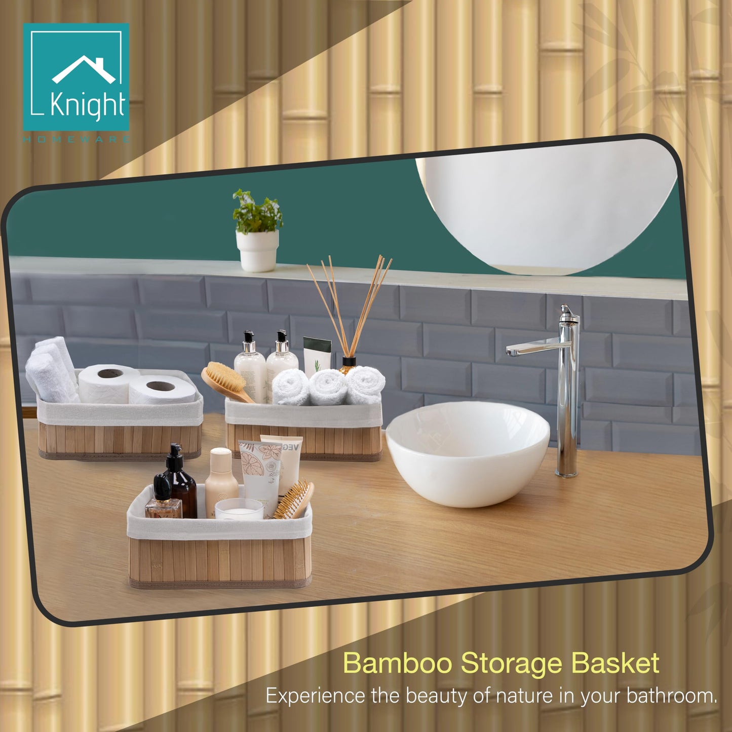 Knight Set of 3 Bamboo Storage Basket, Multi-purpose Bamboo Storage Shelving Organiser, Removable Washabe Inner cloth, For Kitchen, Rooms, Shelves, Bathroom, Natural