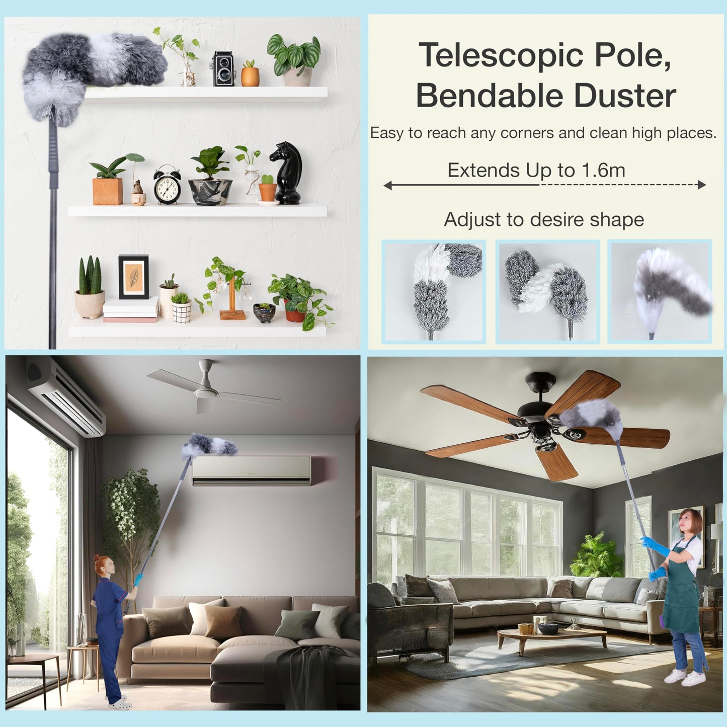 Knight Telescopic Extendable Feather Duster with 1.6m Stainless Steel Handle | 2 Washable Replacement Heads -Microfiber & Anti-Static | Perfect for High Reach Cleaning, Ceiling Fans, Blinds, Cobwebs.