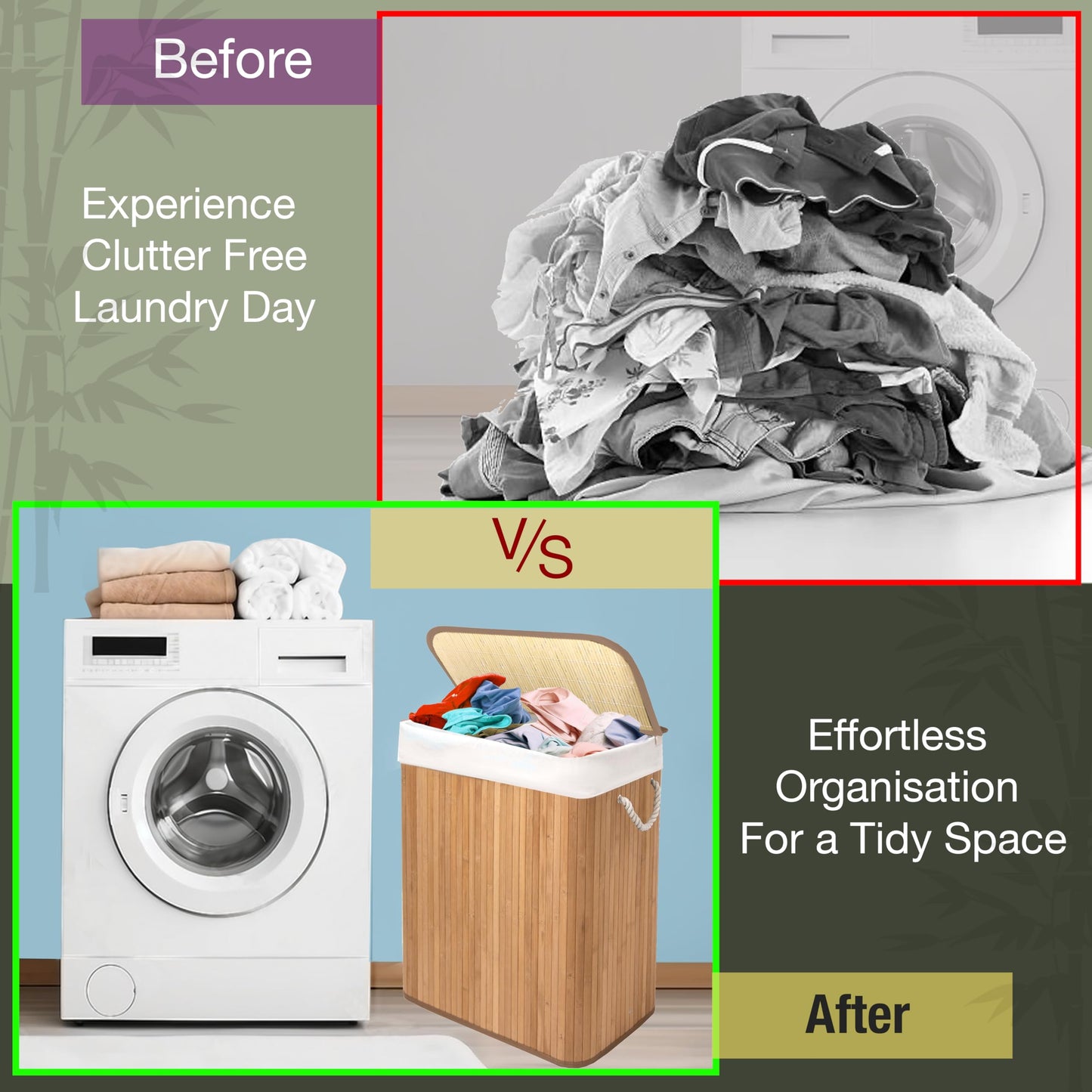 KNIGHT Bamboo Laundry Hamper 105L - Dual Compartment Basket, Removable & Washable Liner, Foldable, for Bedroom & Bathroom, 52x32x63cm