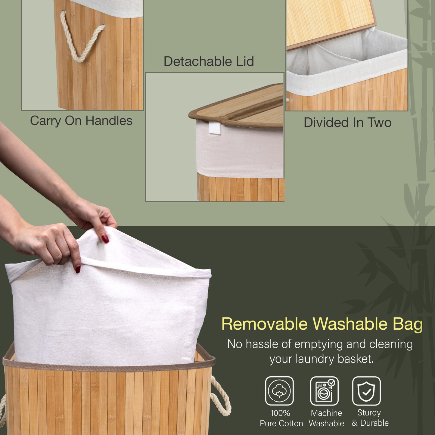 KNIGHT Bamboo Laundry Hamper 105L - Dual Compartment Basket, Removable & Washable Liner, Foldable, for Bedroom & Bathroom, 52x32x63cm