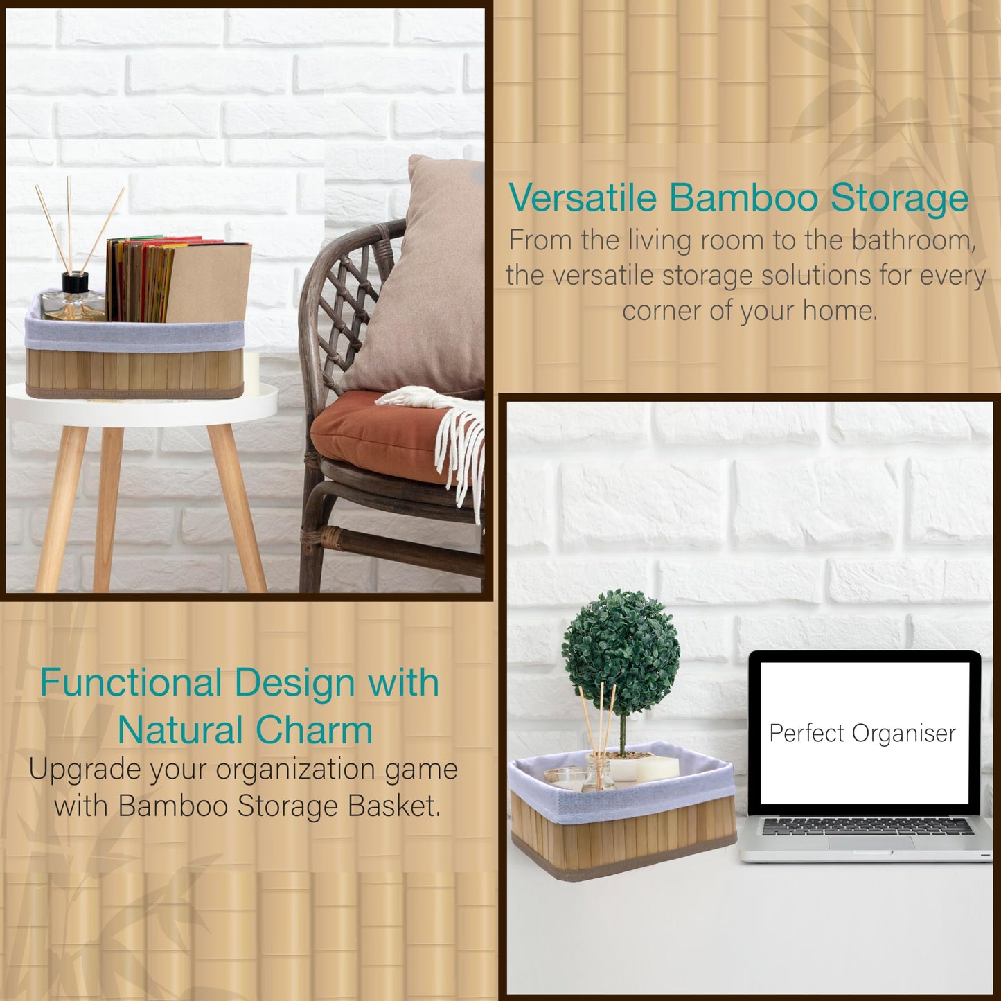 Knight Set of 3 Bamboo Storage Basket, Multi-purpose Bamboo Storage Shelving Organiser, Removable Washabe Inner cloth, For Kitchen, Rooms, Shelves, Bathroom, Natural