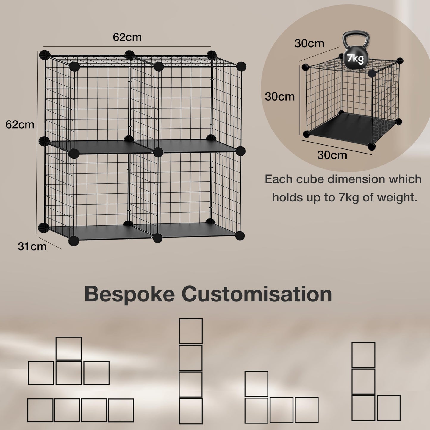 Knight Cube Interlocking Storage Rack with Metal Wire Storage Cube | Shelf Clothe | Cube Bookcase | Corner Storage