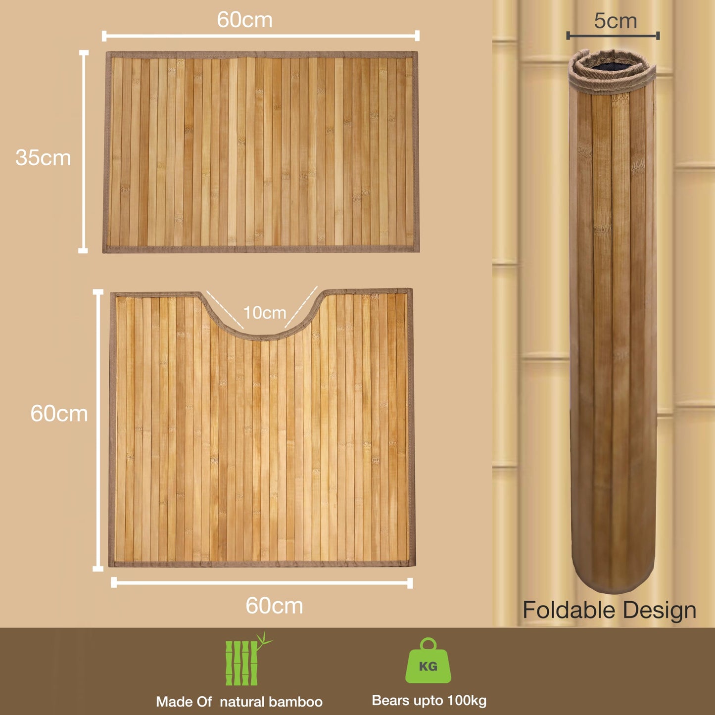 Knight Bamboo Floor Mat, Single and Set of 2 Bamboo Bath Mat, Water-Resistant, Antislip, Natural Eco-friendly Bamboo Mat, for Bathroom, Kitchen