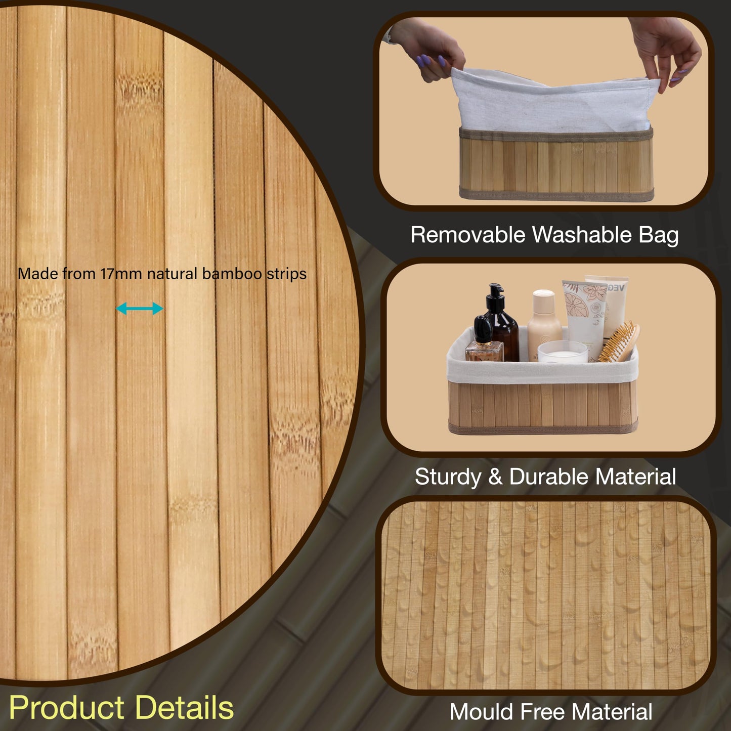Knight Set of 3 Bamboo Storage Basket, Multi-purpose Bamboo Storage Shelving Organiser, Removable Washabe Inner cloth, For Kitchen, Rooms, Shelves, Bathroom, Natural