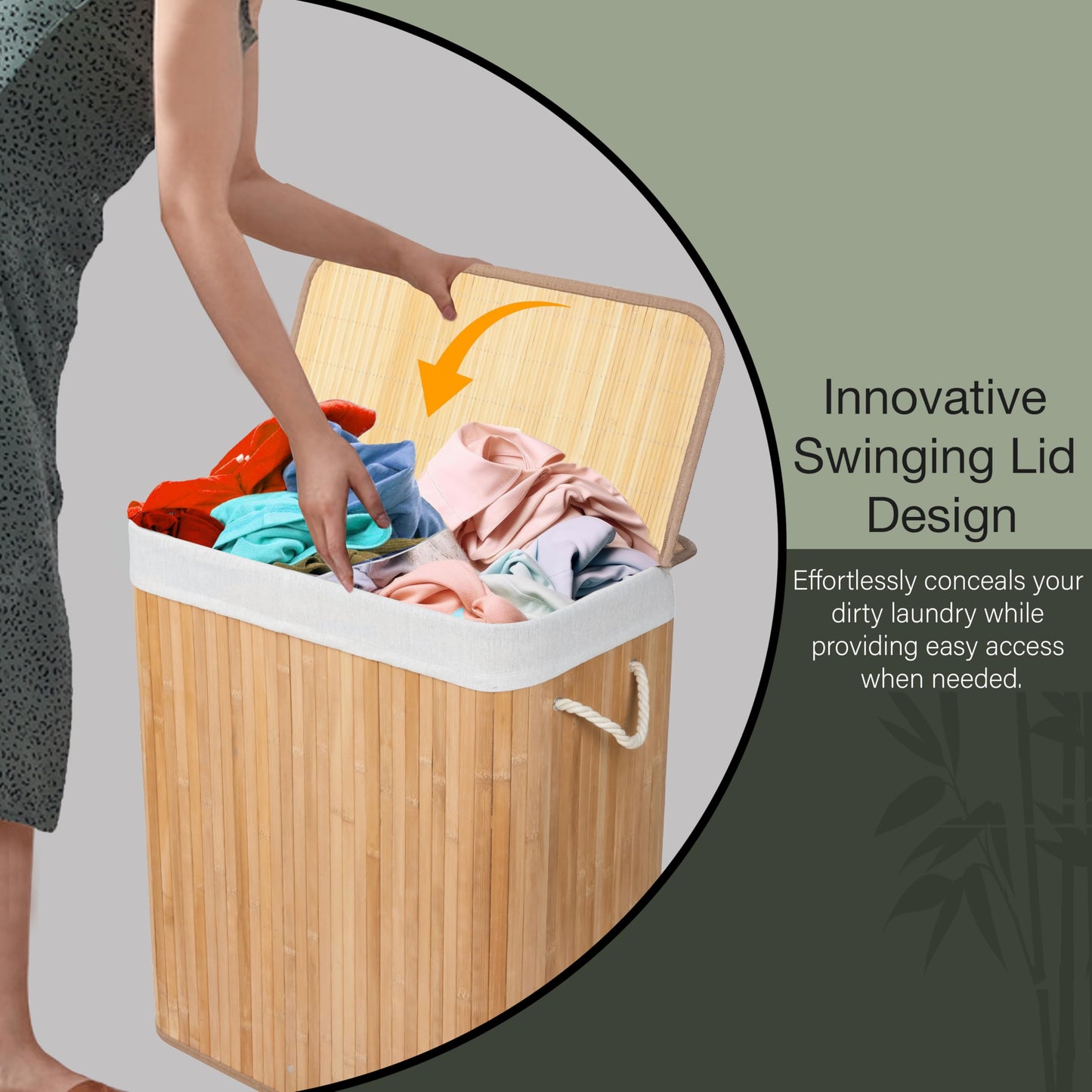 KNIGHT Bamboo Laundry Hamper 105L - Dual Compartment Basket, Removable & Washable Liner, Foldable, for Bedroom & Bathroom, 52x32x63cm