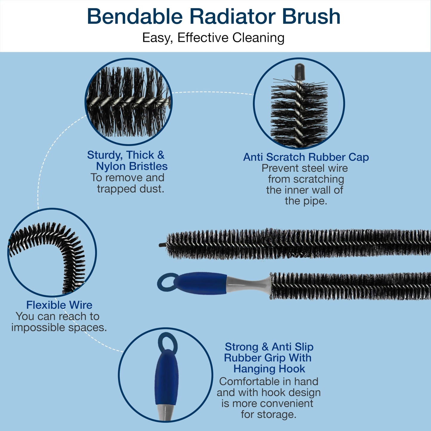 Knight Radiator Cleaner Brush | 75cm Long Reach Dust Removal Tool |Thin Long Bedndable, Non-Scratch Radiator Duster Brush for Lint & Appliances, Home & Office Radiators.