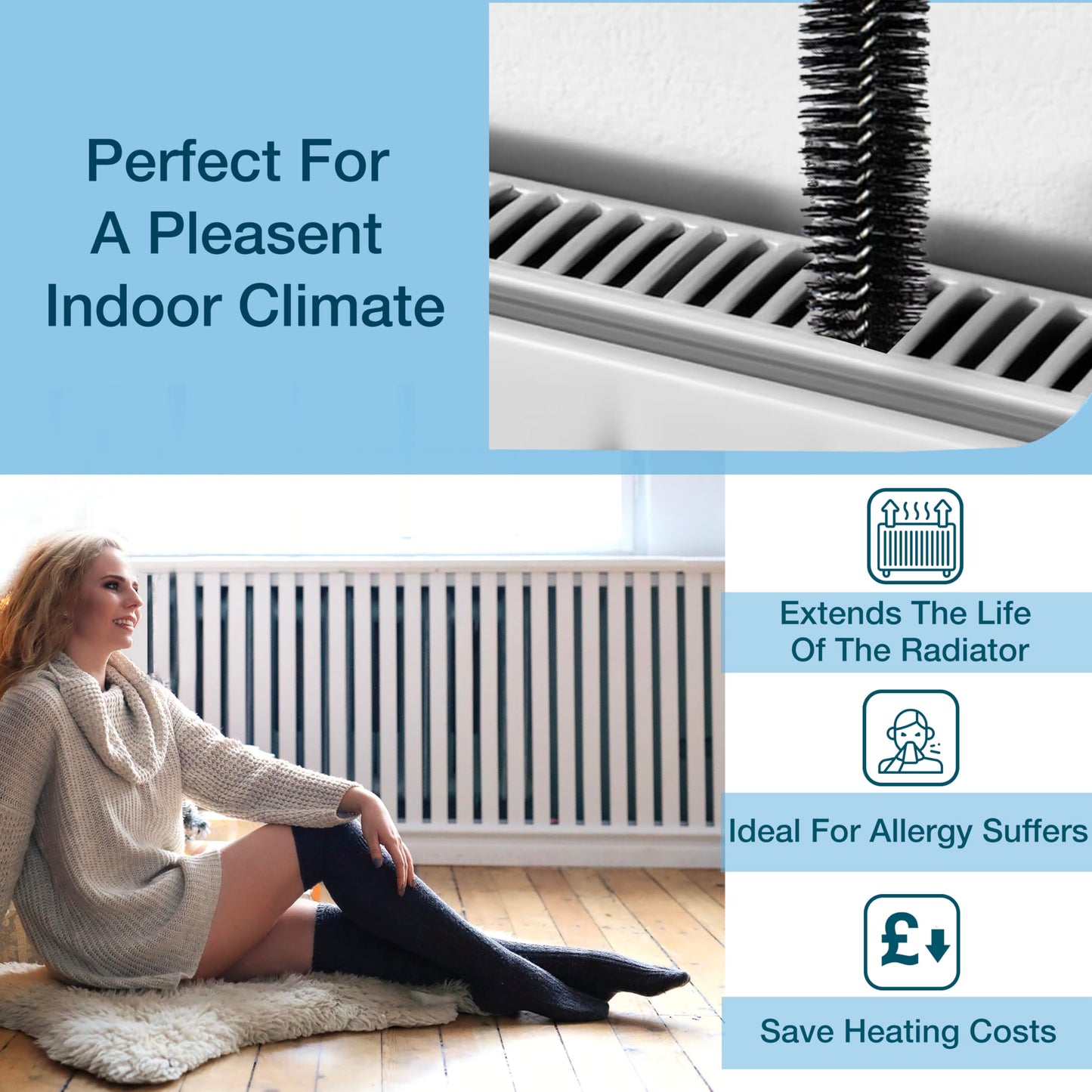 Knight Radiator Cleaner Brush | 75cm Long Reach Dust Removal Tool |Thin Long Bedndable, Non-Scratch Radiator Duster Brush for Lint & Appliances, Home & Office Radiators.