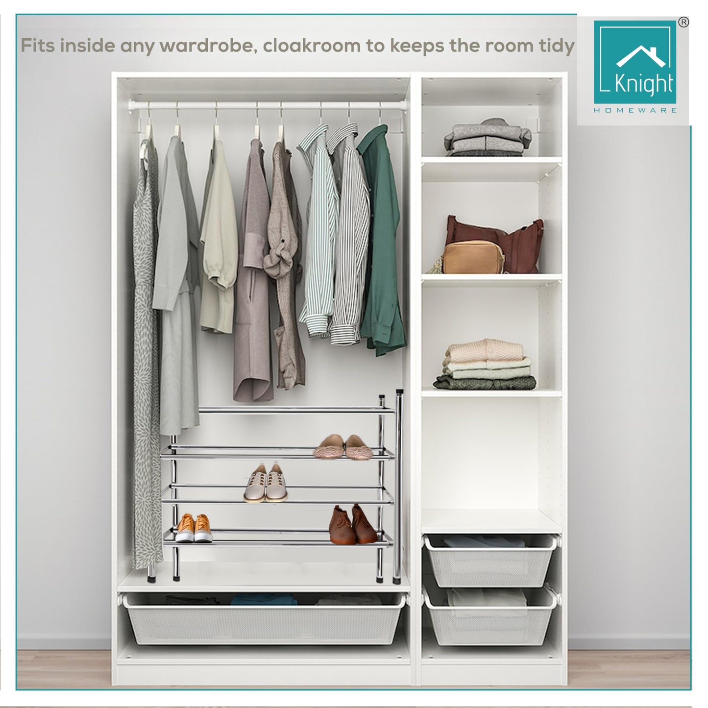 Knight 3 Tier Extendable Shoe Rack | Adjustable Shelving unit Shoe Storage Holds 18 Pairs of Shoes | Stackable Shoe Organiser | Chrome Finish | 112(L) x 23(W) x 52(H) (3 Tier)