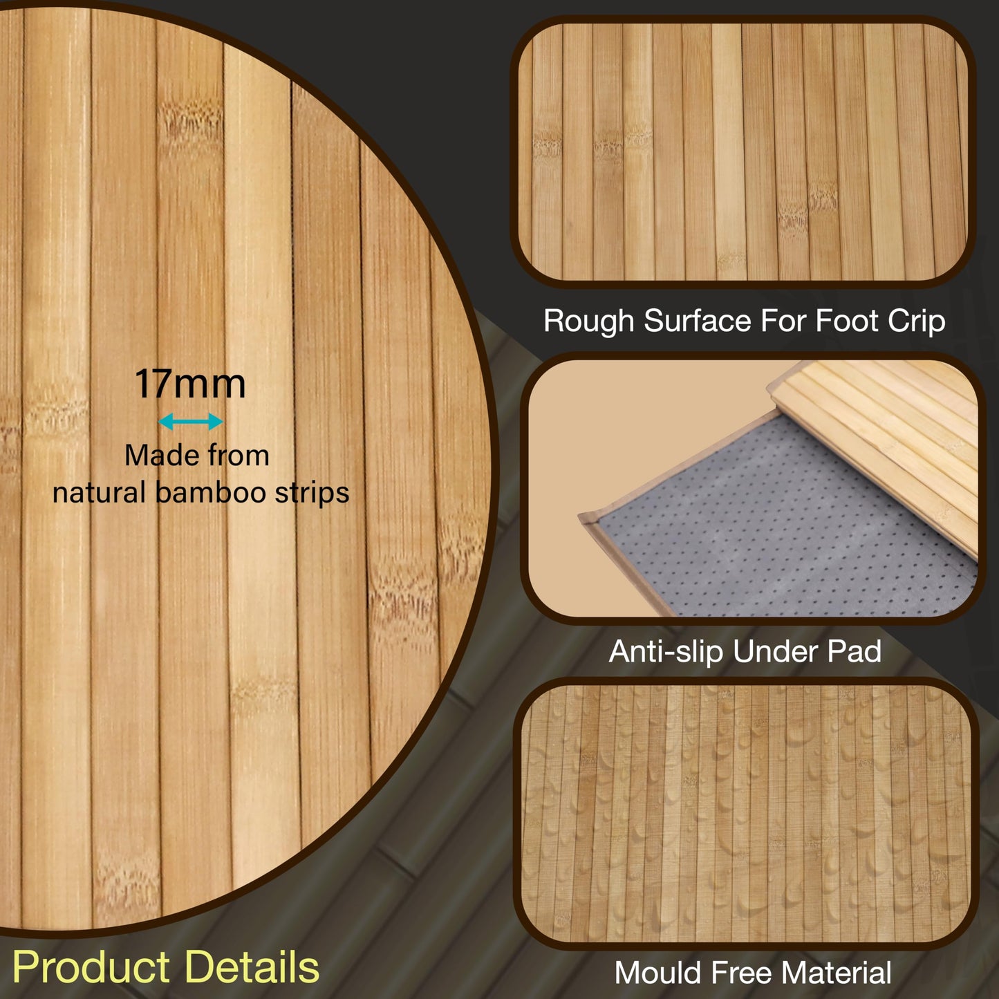Knight Bamboo Floor Mat, Single and Set of 2 Bamboo Bath Mat, Water-Resistant, Antislip, Natural Eco-friendly Bamboo Mat, for Bathroom, Kitchen