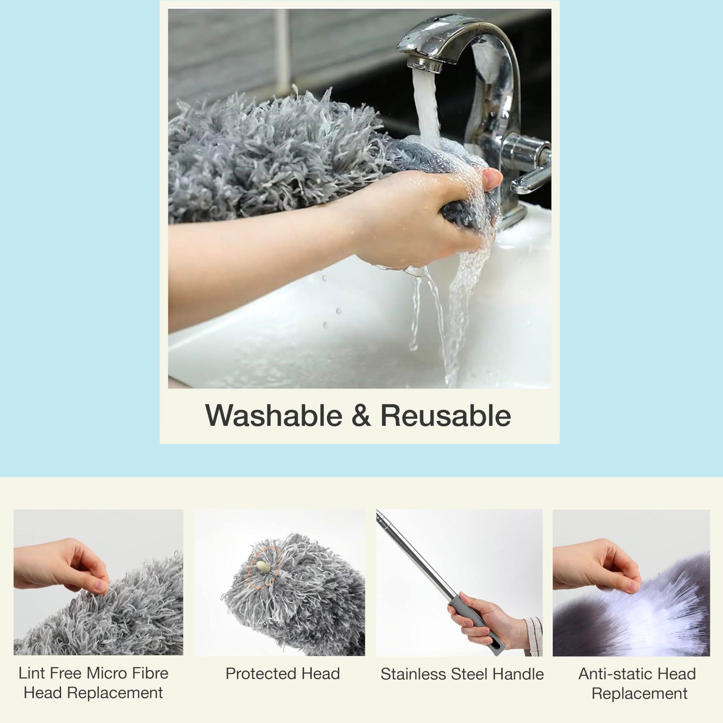 Knight Telescopic Extendable Feather Duster with 1.6m Stainless Steel Handle | 2 Washable Replacement Heads -Microfiber & Anti-Static | Perfect for High Reach Cleaning, Ceiling Fans, Blinds, Cobwebs.