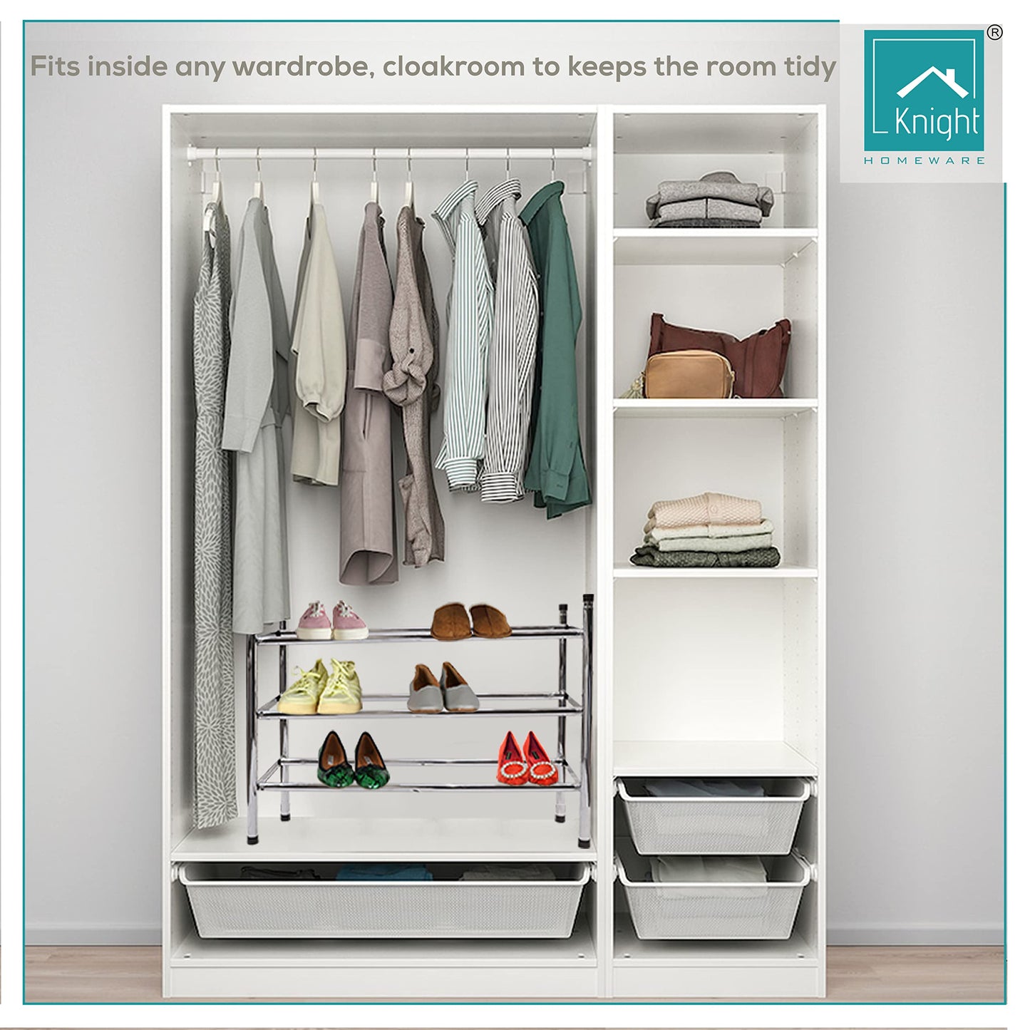 Knight 3 Tier Extendable Shoe Rack | Adjustable Shelving unit Shoe Storage Holds 18 Pairs of Shoes | Stackable Shoe Organiser | Chrome Finish | 112(L) x 23(W) x 52(H) (3 Tier)