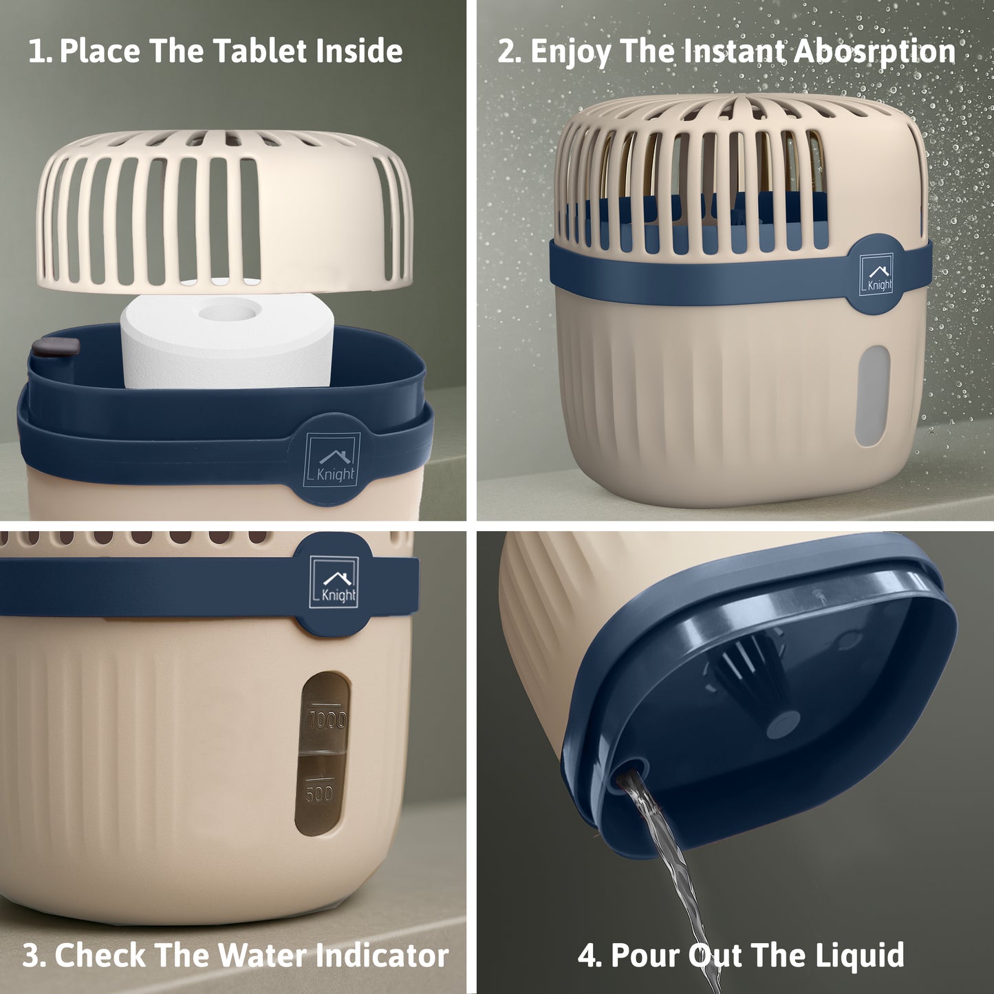 Knight Refillable & Reusable Dehumidifier, 360º Moisture Absorber, Lasts Upto 60 Days Fast Absorption Of Moisture In Home, Garage, Caravans & Office. 1 Reusable Unit with 2 Tablets - Blue