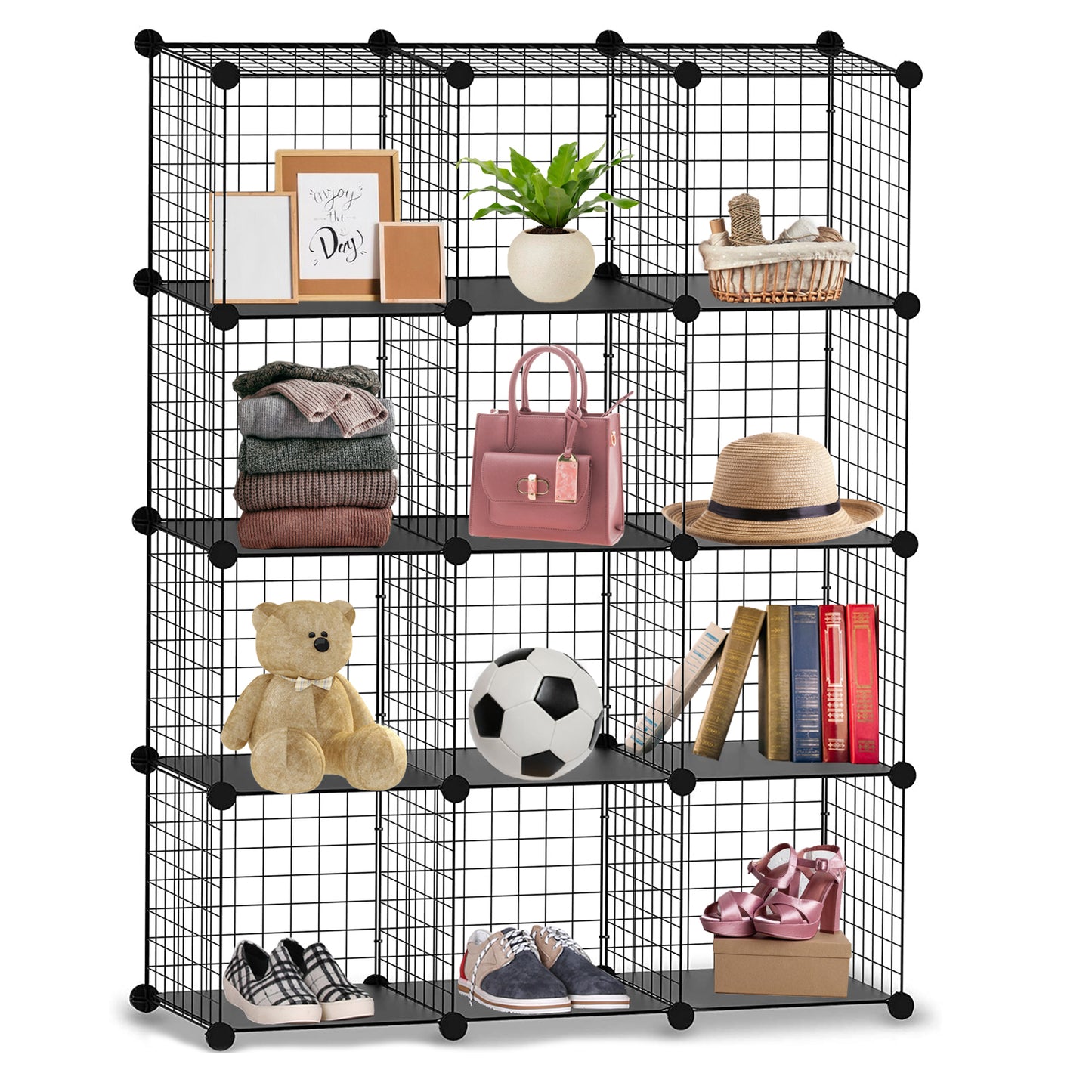 Knight 12 Cube Interlocking Storage Rack with Metal Wire Mesh Shelves Multifunctional Wire Fence Display Stand Unit Cabinet Large Capacity Free Rubber Mallet 123 x 93 x 31 cm Black