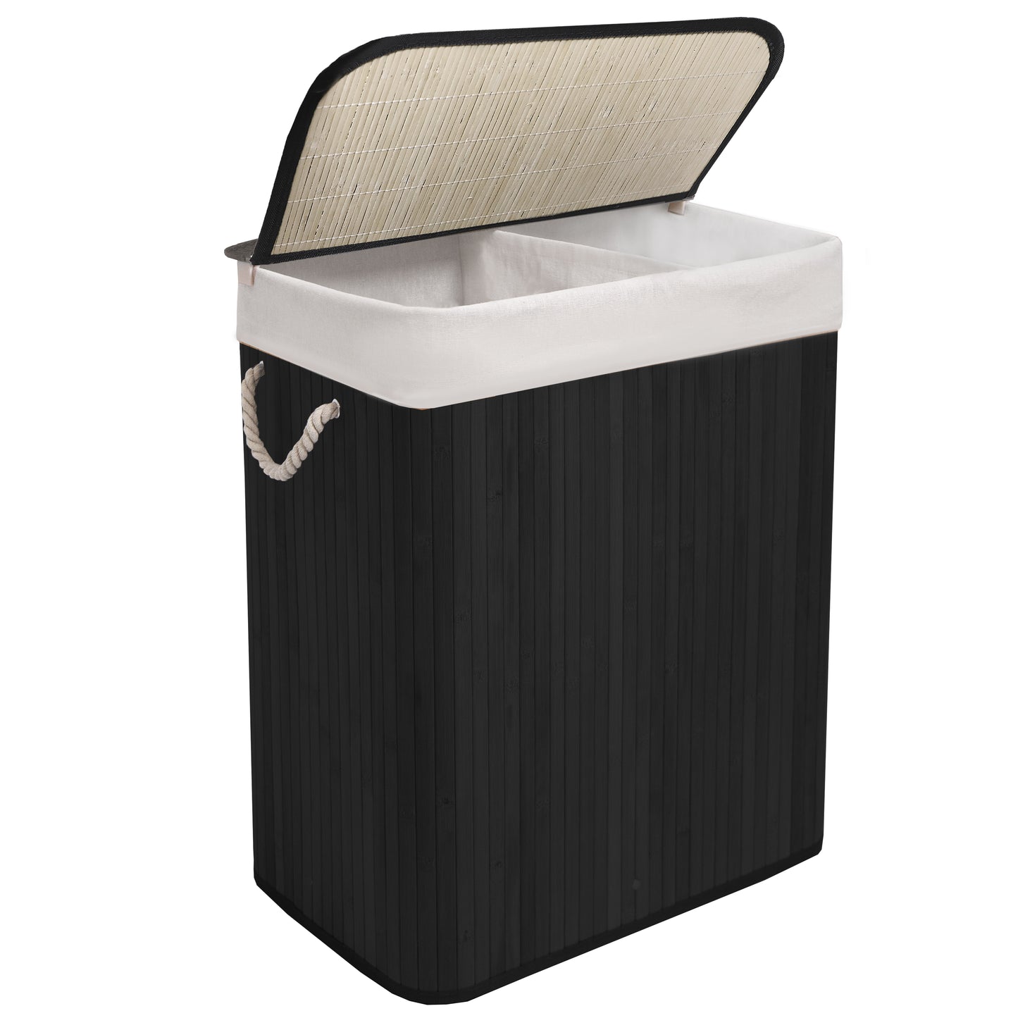 KNIGHT Bamboo Laundry Hamper 105L - Dual Compartment Basket, Removable & Washable Liner, Foldable, for Bedroom & Bathroom, 52x32x63cm