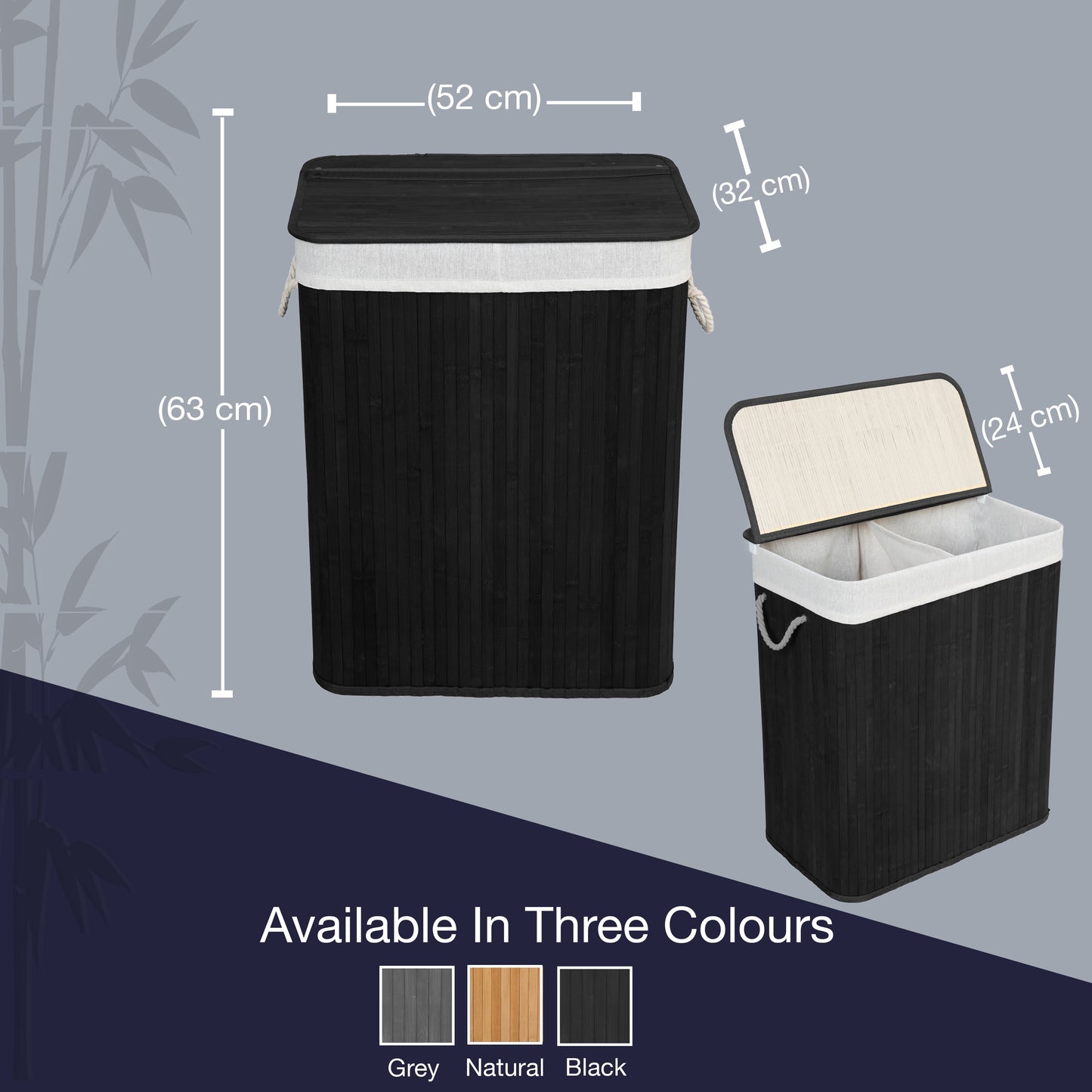 KNIGHT Bamboo Laundry Hamper 105L - Dual Compartment Basket, Removable & Washable Liner, Foldable, for Bedroom & Bathroom, 52x32x63cm